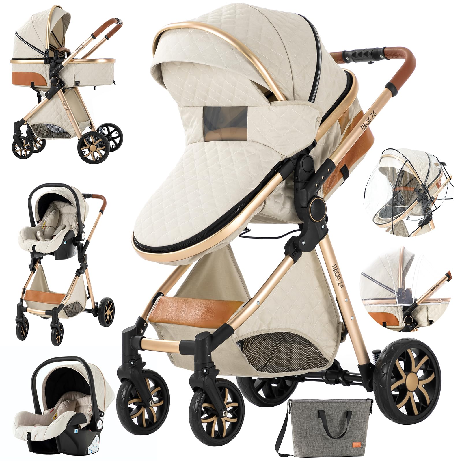 MoLi Passeggino 3 in 1, Passeggino Trio con Doppia Modalità Push Reversibile, Trio Passeggino Neonati in Alluminio Pieghevole, Carrozzina per Neonati con Grande Navicella (225 Creamy White)