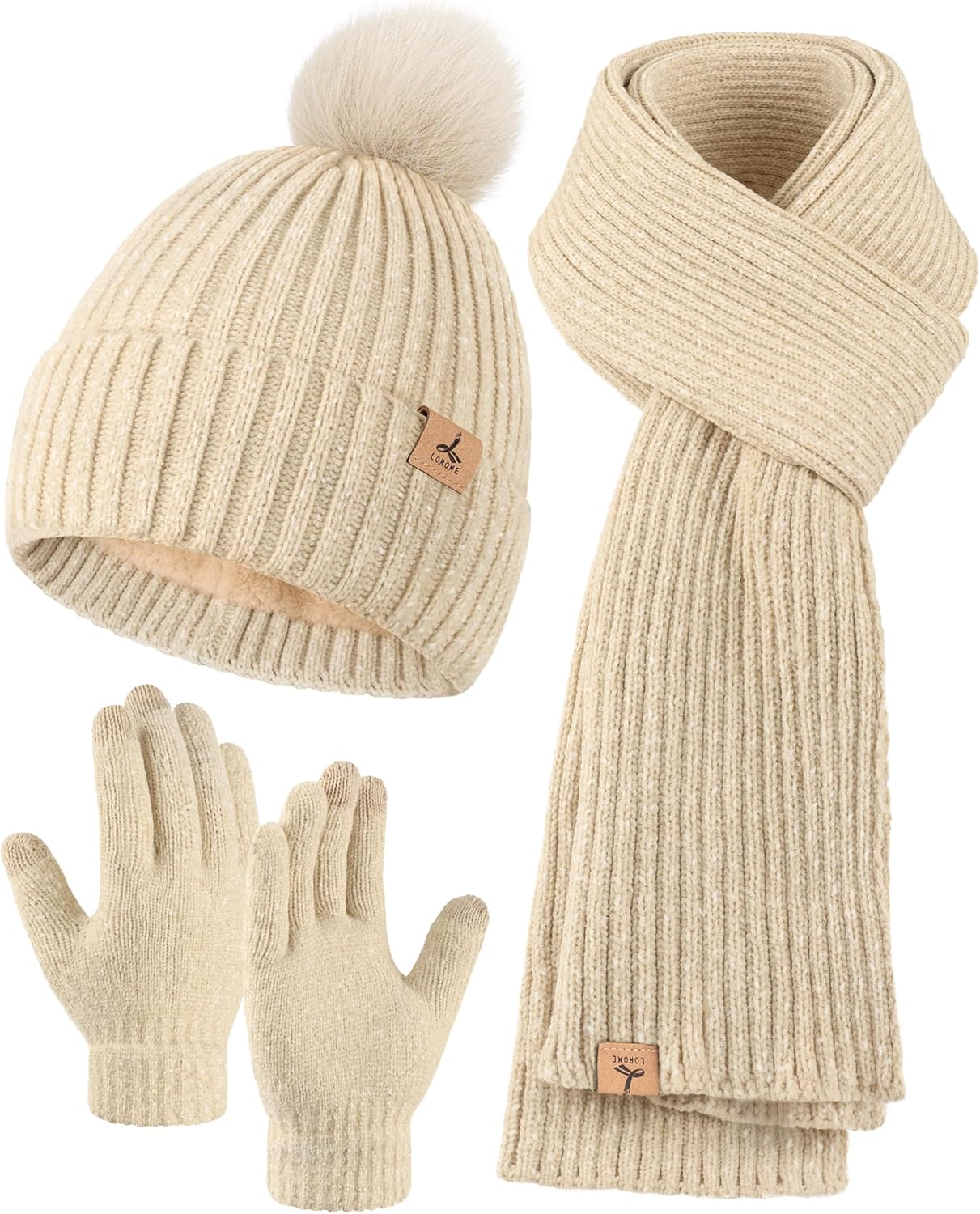 Winter Warm Hat Scarf and Touch Screen Gloves Set, Knitted Pom Beanie Hat Neck Warmer Long Scarf Winter Gloves for Women Men