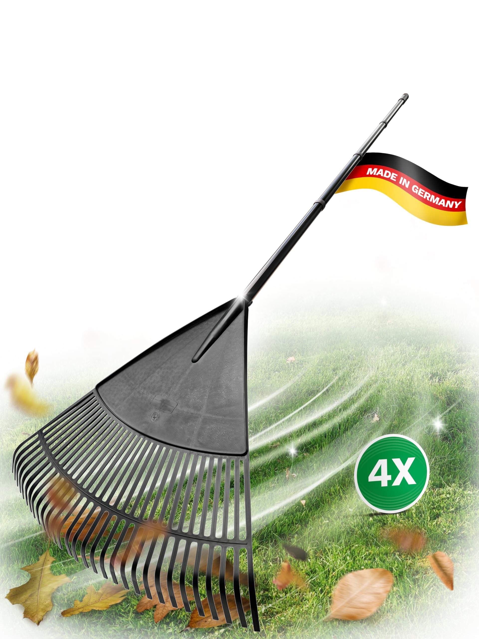 Novatool 4X Laubbesen mit 4tlg Steck- & Schraubstiel, Laubfeger mit 30 Kunststoff-Zinken, Rechen Arbeitsbreite 75cm, Laubrechen, Gartenbesen, Rasenrechen, Harke, Landschaftsbesen, Gartengerät Schwarz