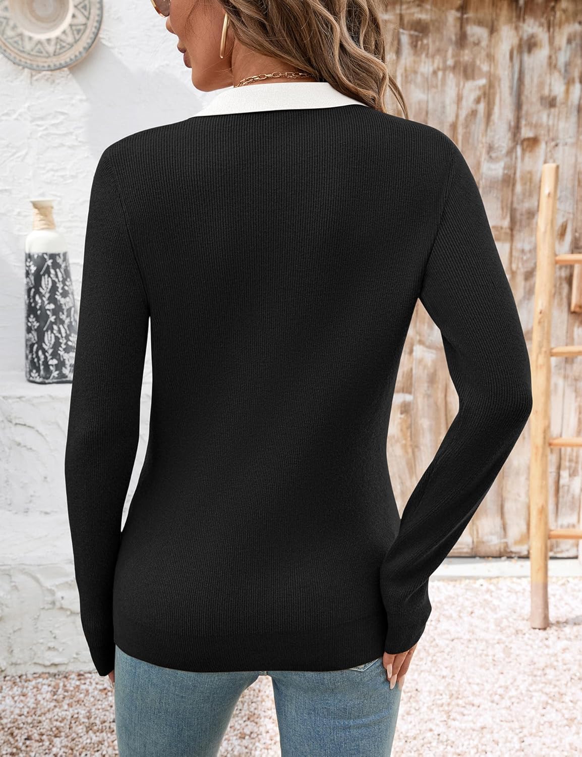 Romanstii Women's Knitted Collared Sweaters Long Sleeve V-Neck Polo Shirts Winter Pullover Tops - Image 4
