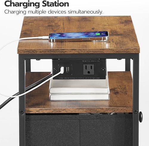 Miniatura 4 de Mesita de noche con estación de carga, mesa auxiliar con 3 cajones de tela, mesita de noche con puertos USB y tomacorrientes, mesita de noche para