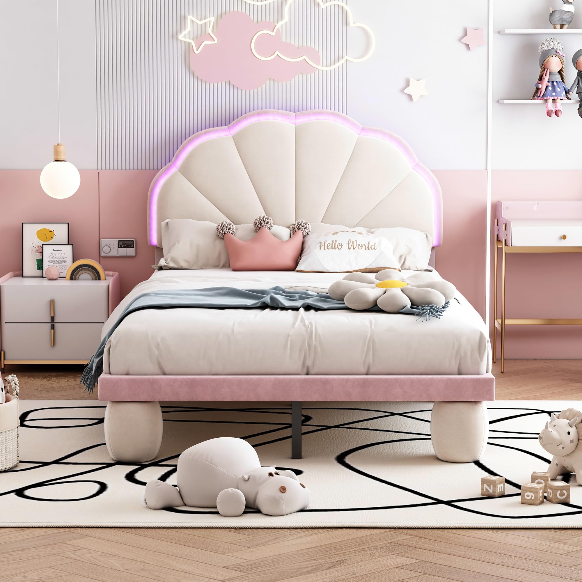 Cama tapizada LED para niños: cama individual de terciopelo en beige y rosa, 90 x 200 cm, con cabecero ondulado, tiras de luz que cambian de color y patas acolchadas, habitación infantil de cuento de