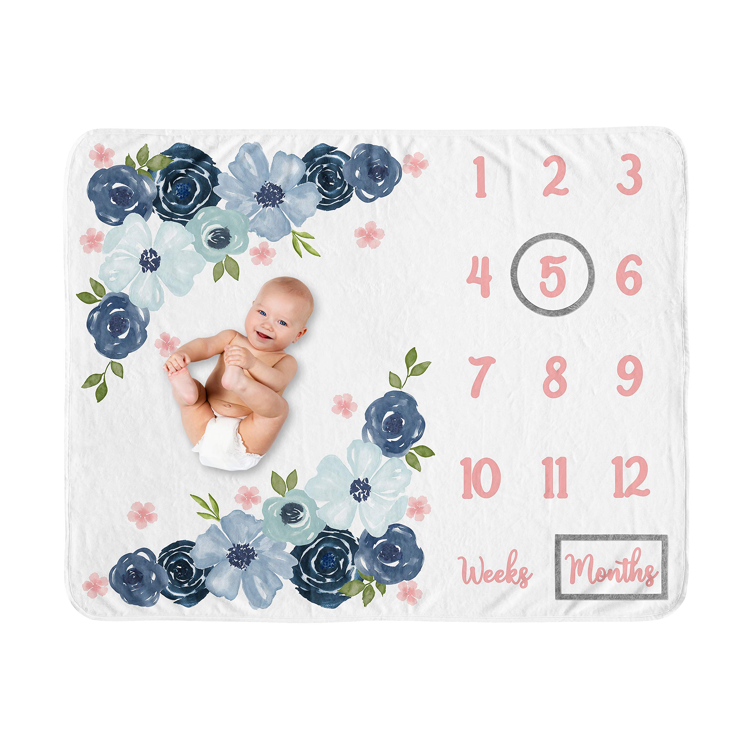 Sweet Jojo DesignsWatercolor Floral Girl Milestone Blanket Monthly Newborn First Year Growth Mat Baby Shower Memory Keepsake Gift Picture - Navy Blue and Blush Pink Boho Shabby Chic Rose Flower