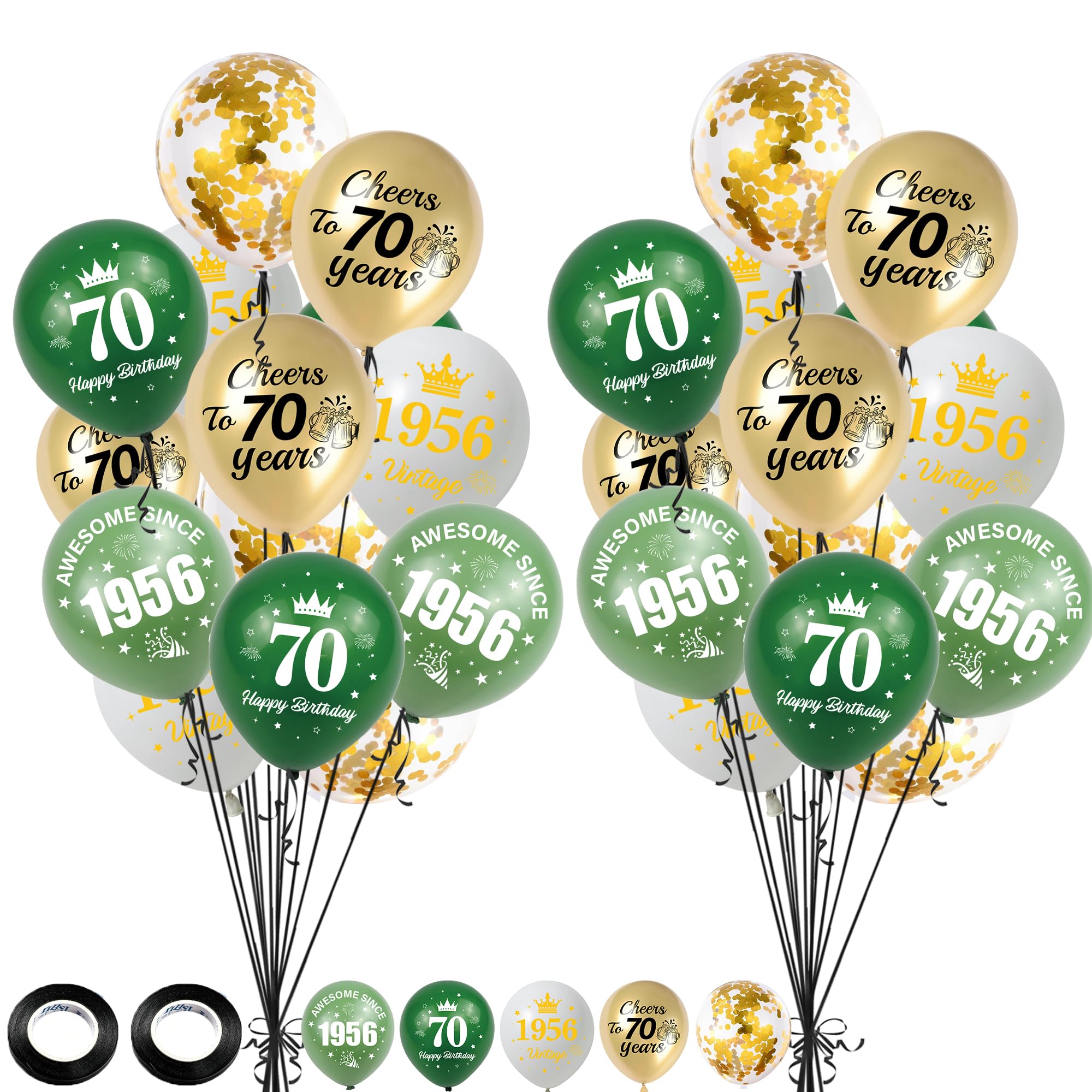 70th Birthday Decorations Balloons Women - 40 Pcs Green and Gold Happy Birthday Awesome since 1956 Vintage Cheers to 70 Years Sequins Balloon with Ribbon for 70 Years Old Party Celebration Decor