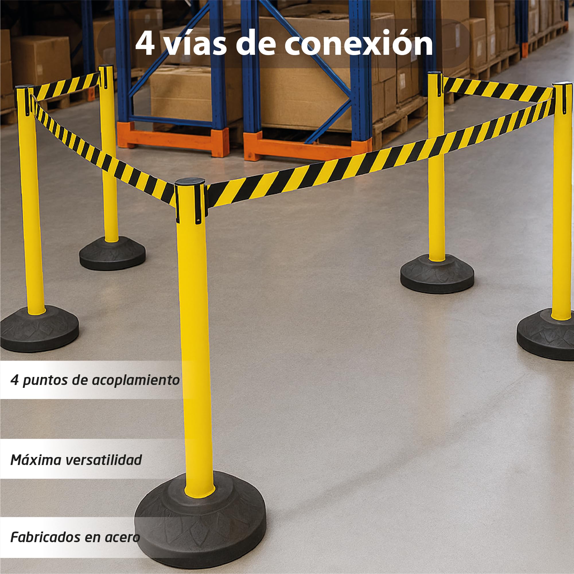 Postes Separadores con Cinta Extensible Amarillo 91cm Acero Resistente 4 Vías de Conexión