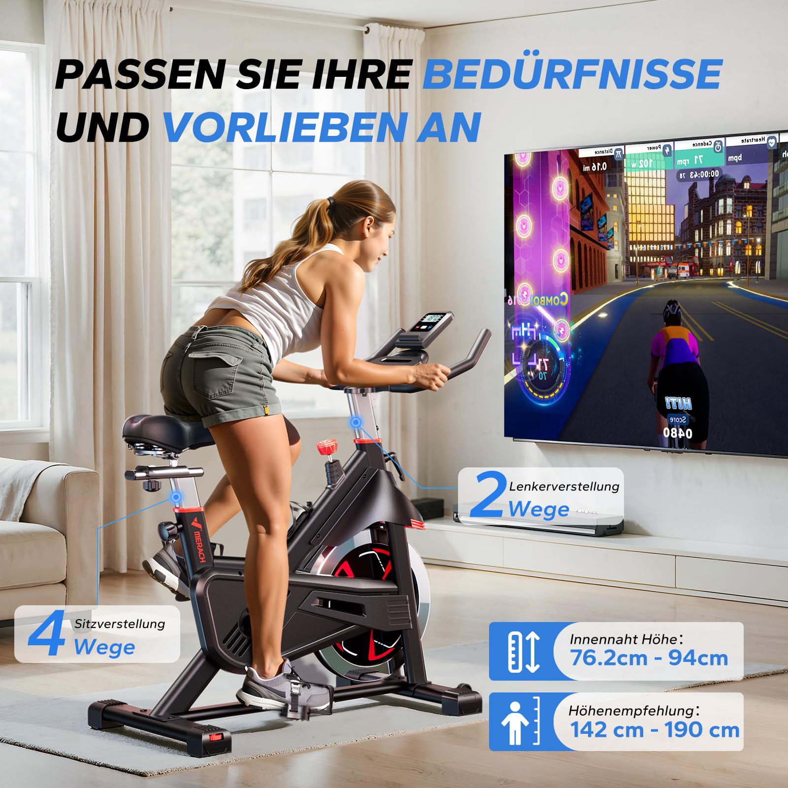 MERACH Heimtrainer Fahrrad mit Eigener App, Leises Hometrainer Fahrrad mit 16-facher Magnetwiderstand, Stoßdämpfender Luftkissensattel, Indoor Cycling Bike mit LCD-Monitor, für Kardiotraining zu Hause
