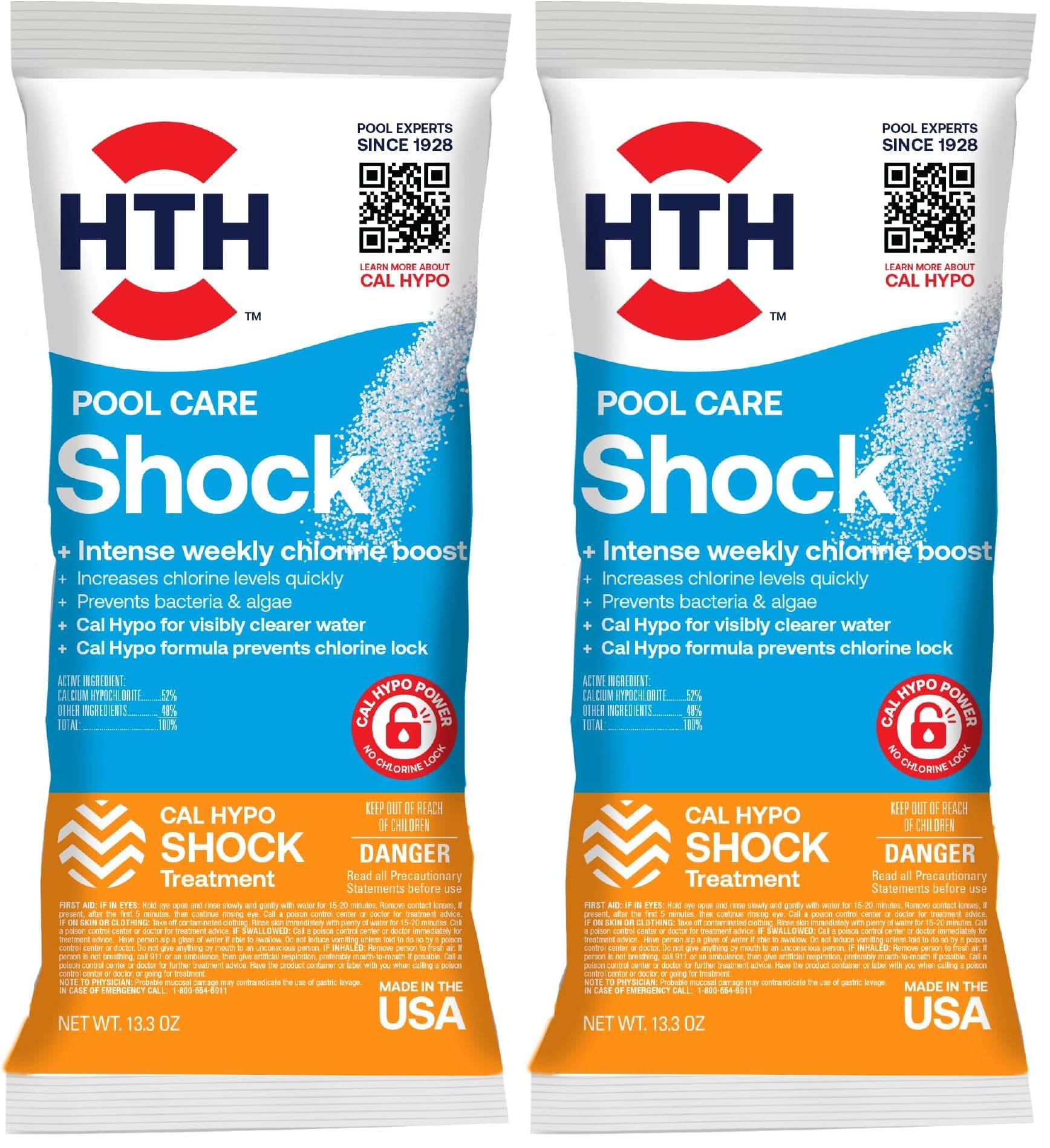 HTH 52031 Swimming Pool Care Shock, Swimming Pool Chlorinator Boosts Chlorine Levels, Cal Hypo Formula, 13.3oz (Pack of 2)