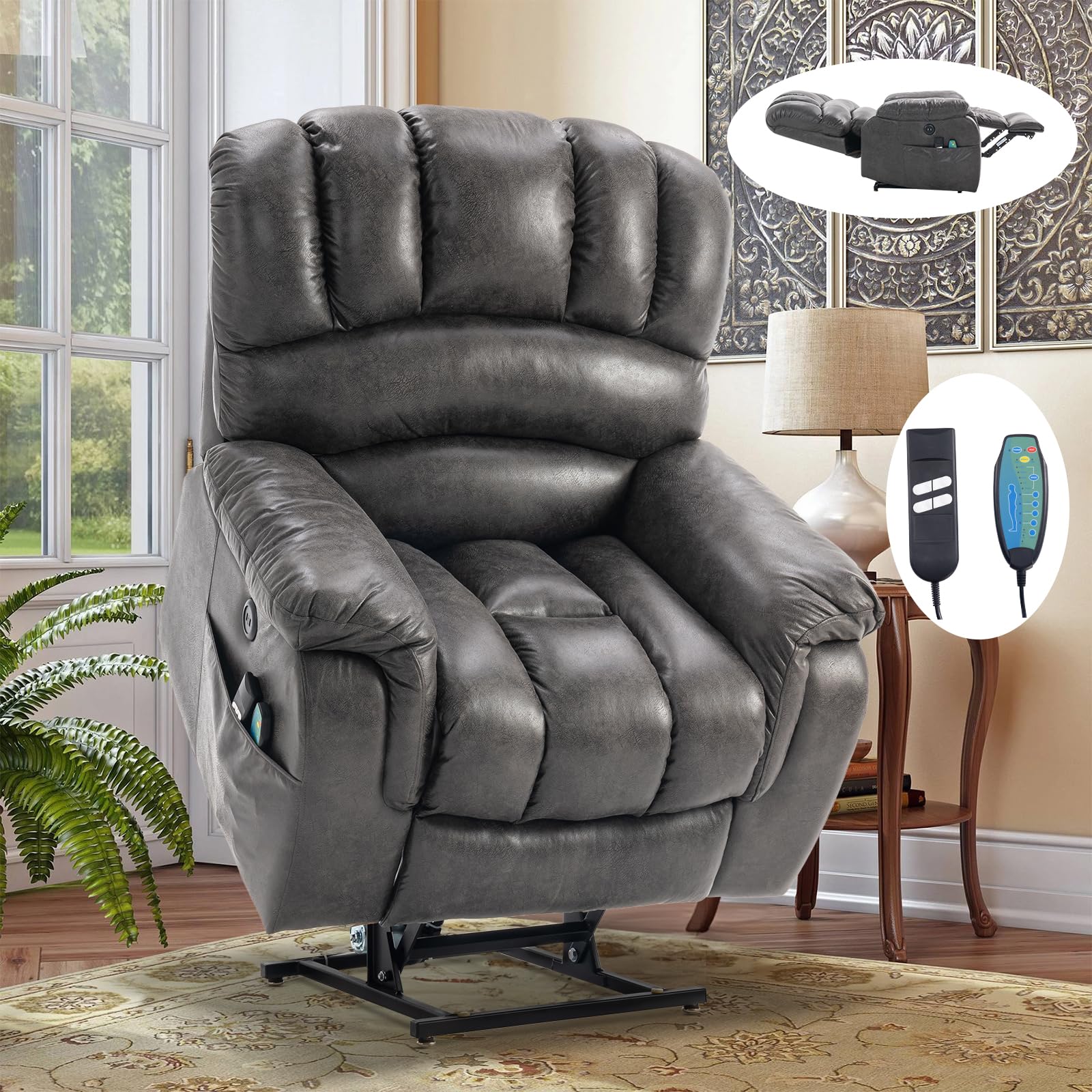 OUINCH Large Dual Motor Lay Flat Sleeper Power Lift Recliner Chair for Elderly with Heat and Massage, 2 Remote Controls, 2 USB Ports & 2 Side Pockets,