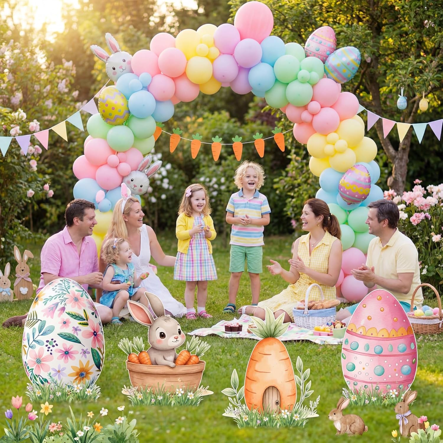 Honoson 4 Pcs Large 21.7" x 27.6" Easter Bunny Egg Cardboard Cutouts Party Decoration Baby Shower Signs Standup Backdrop Cartoon for Easter Spring Garden Lawn Yard Decor Photo Booth Props