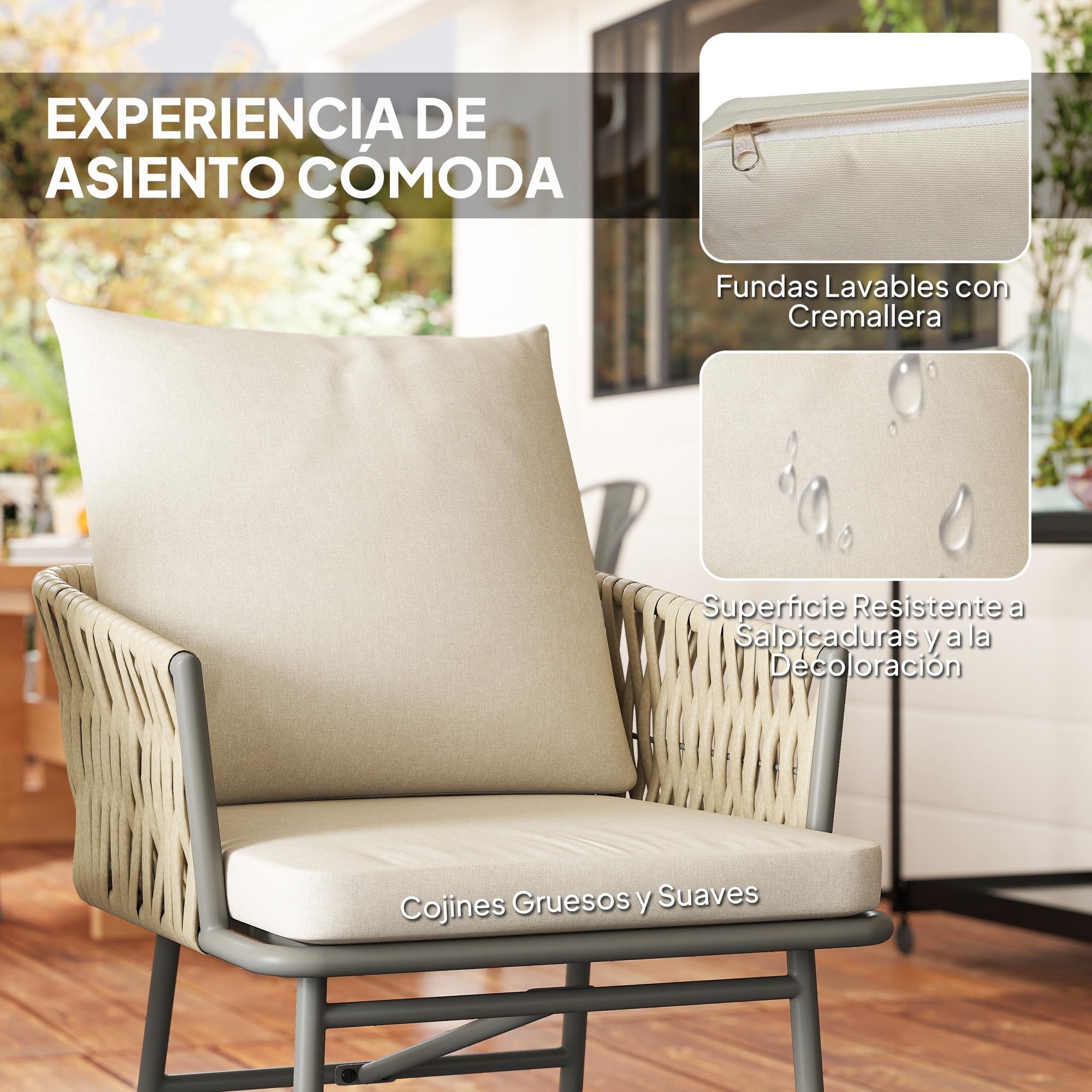 Outsunny Conjunto de Jardín Exterior de 3 Piezas Muebles de Jardín con 2 Sillas con Cojines Extraíbles Lavables y Mesa Terraza con Tablero de Metal Impermeable Anti-UV para Balcón Patio Gris y Crema
