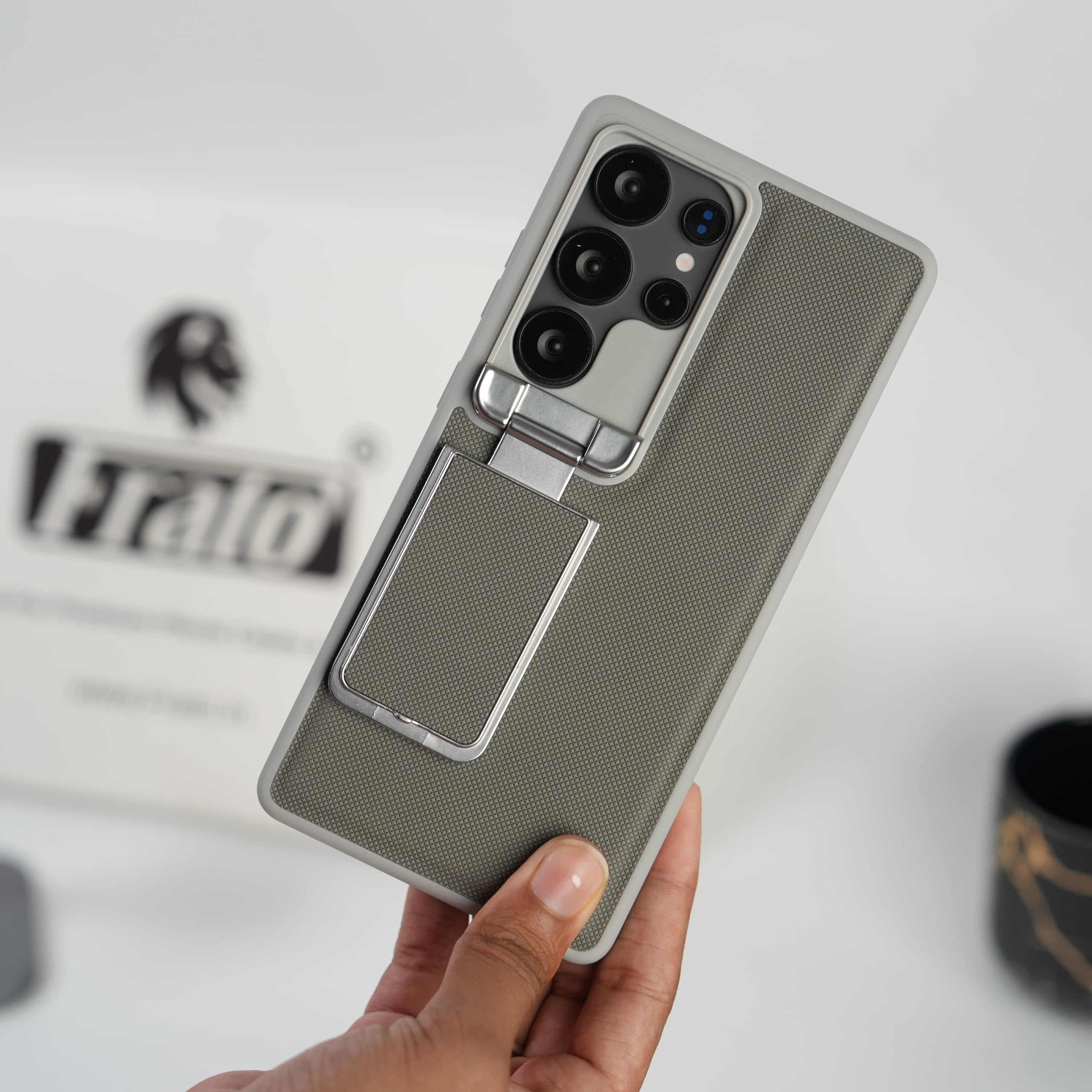 FRATO Metal Camera Cap Stand Case for Galaxy S24 Ultra | Built-in Camera Lens Protector | Foldable Kickstand | Premium Leather Texture Back Cover | Shockproof Slim Protective Case (Titanium Gray)-image-17