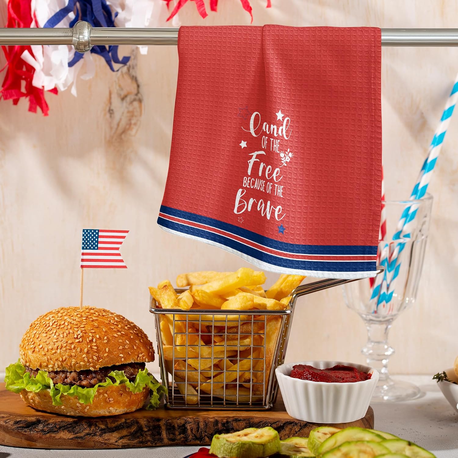 16" x 24" 4th of July Kitchen Towel - Land of The Free Because of The Brave Patriotic Hand Towels - 250th Anniversary Fourth of July Decorations for Home Kitchen Bathroom - A01