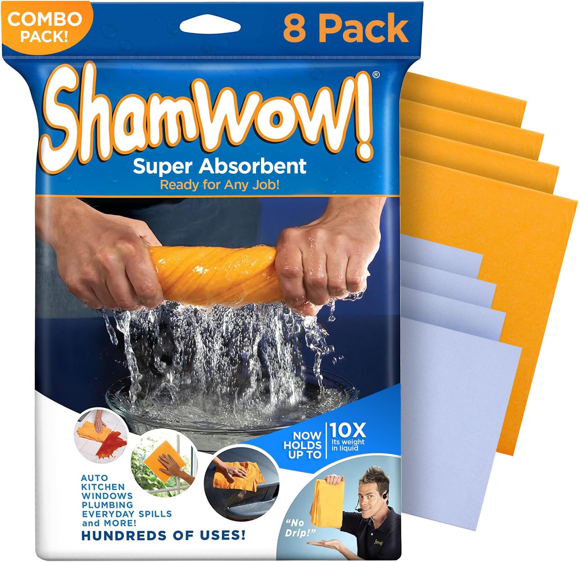 The Original Shamwow - Super Absorbent Multi-Purpose Cleaning Shammy Chamois Towel Cloth - Holds 10X its Weight in Liquid - Machine Washable - Will Not Scratch (8 Pack: 4 Large Orange & 4 Small Blue)
