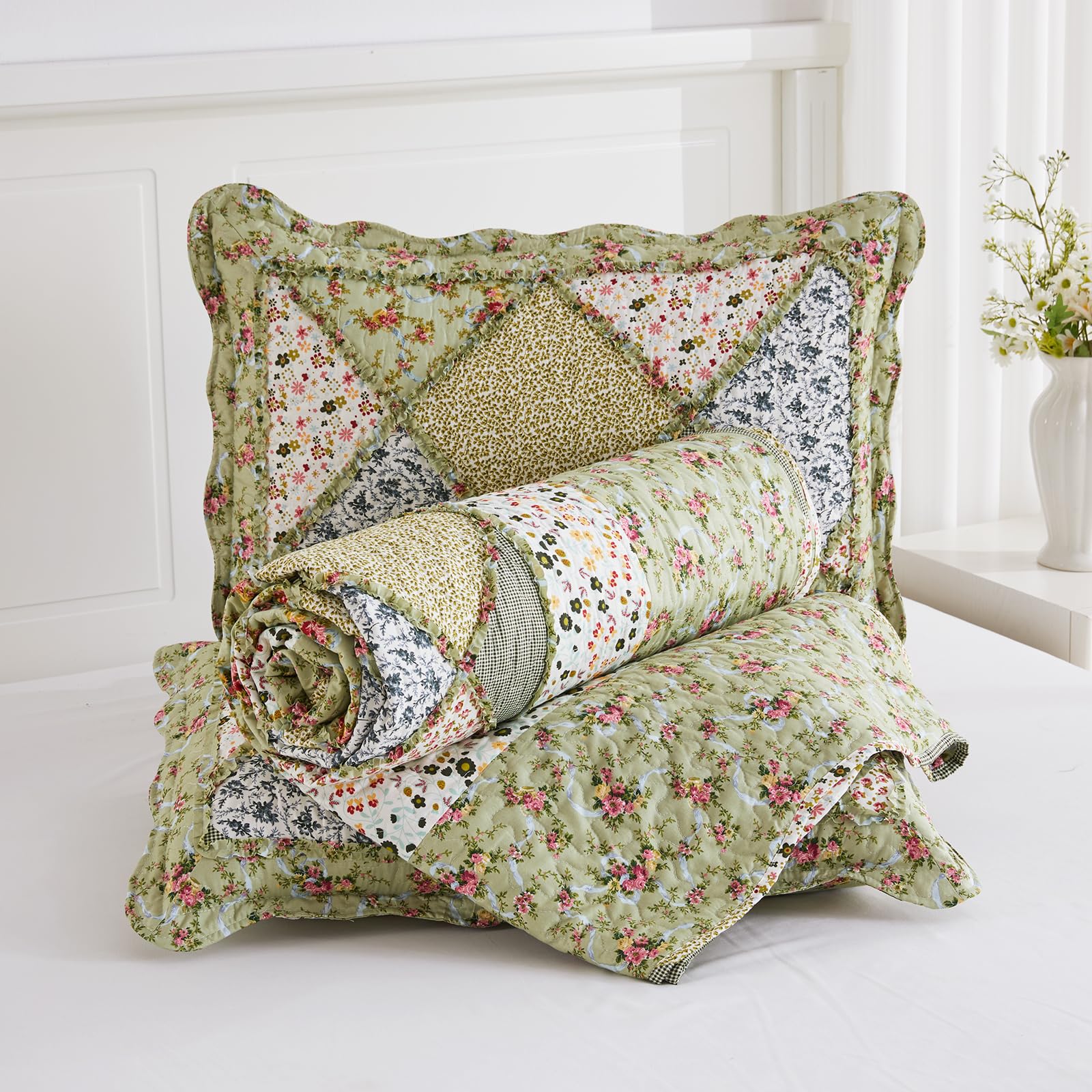 DECMAY Copriletto Matrimoniale 220x240 cm Verde Patchwork, Copriletto Trapuntato in Microfibra con Motivo a Fiori, Coperta Divano, 3 Pezzi con 2 Federe 50x75 cm