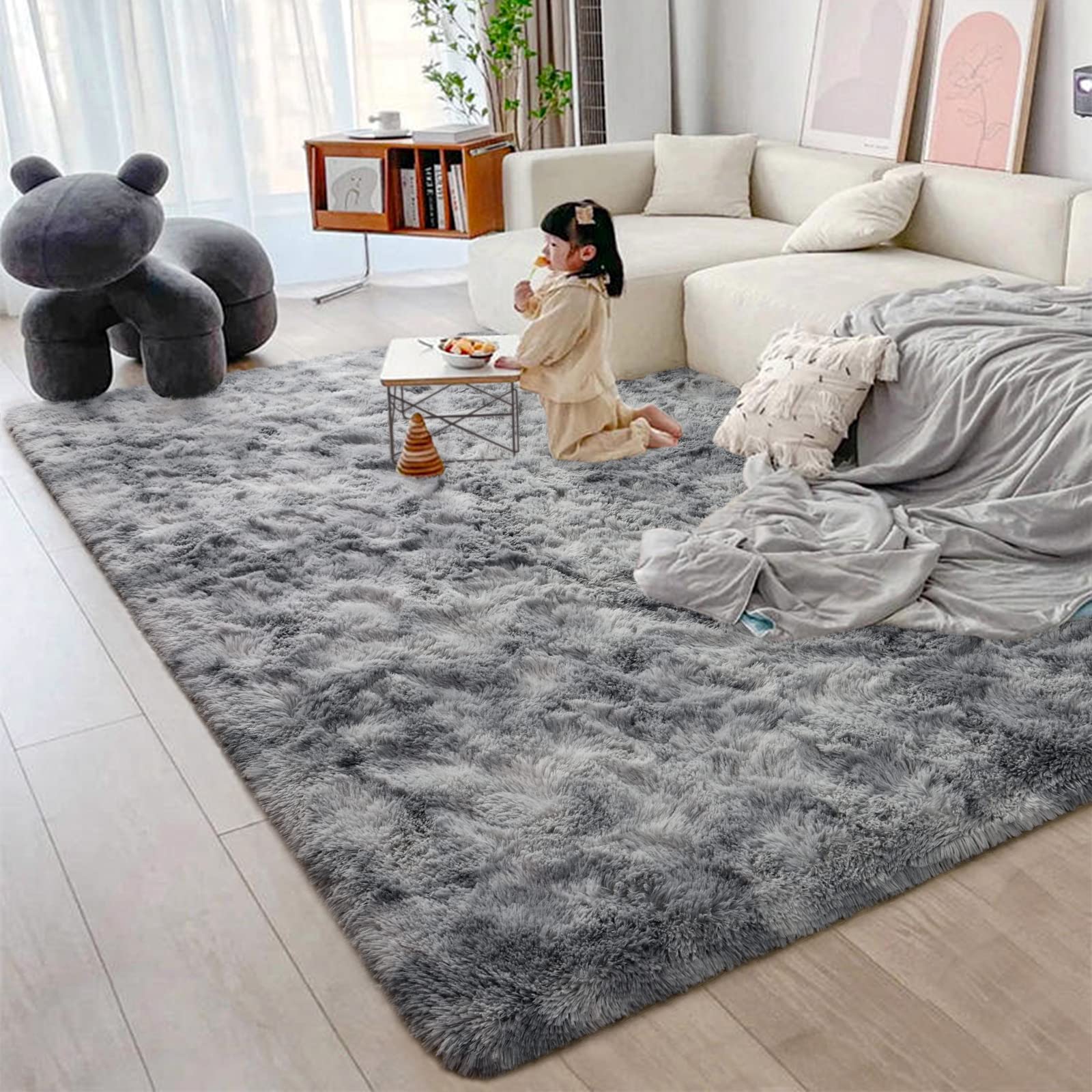 4x6 Large Area Rugs for Living Room, Tie-Dye Light Grey Super Soft Shag Rug for Bedroom, Indoor Modern Plush Rugs Fluffy Carpets for Kids Boys Girls Room Decor, Non-Slip Fuzzy Rug for Nursery