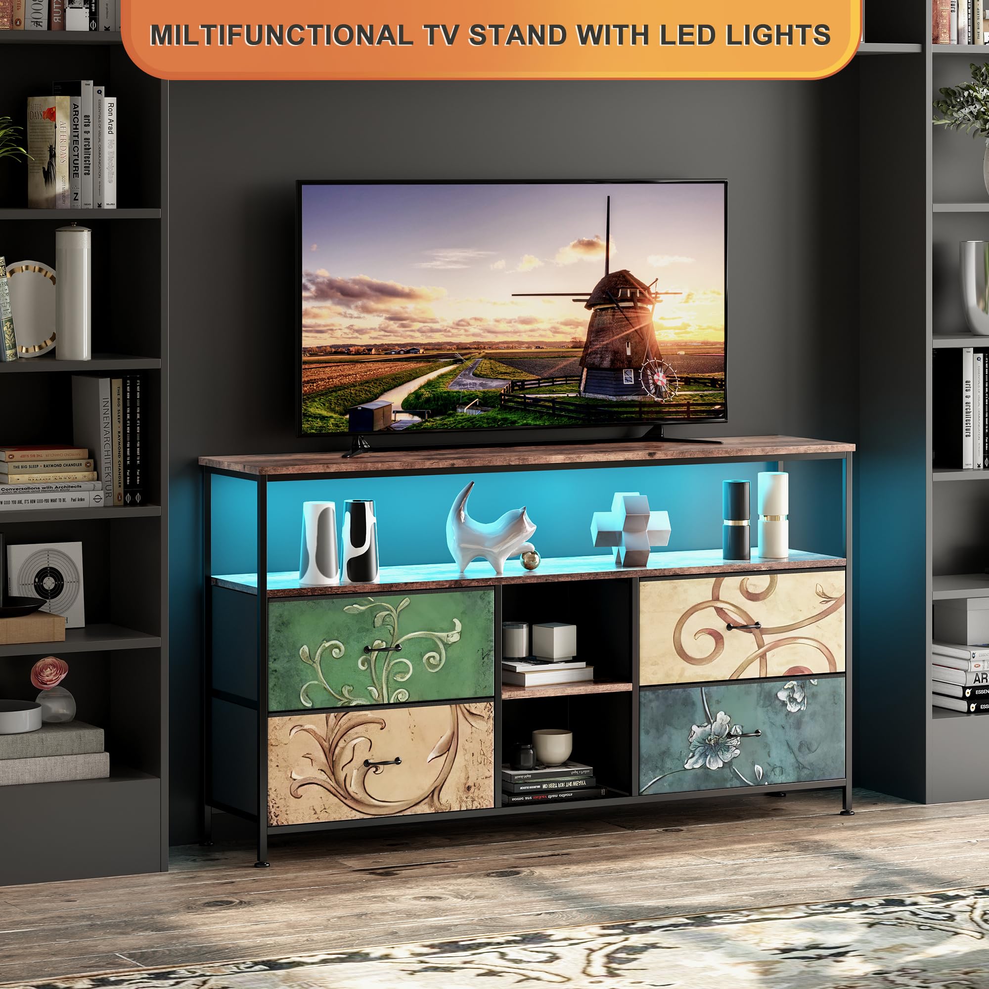 Mobile TV con illuminazione a LED e 4 cassetti in tessuto, per TV fino a 55 pollici, tavolo TV multifunzione con scomparti aperti per soggiorno (colore / 4 cassetti, 137 cm)