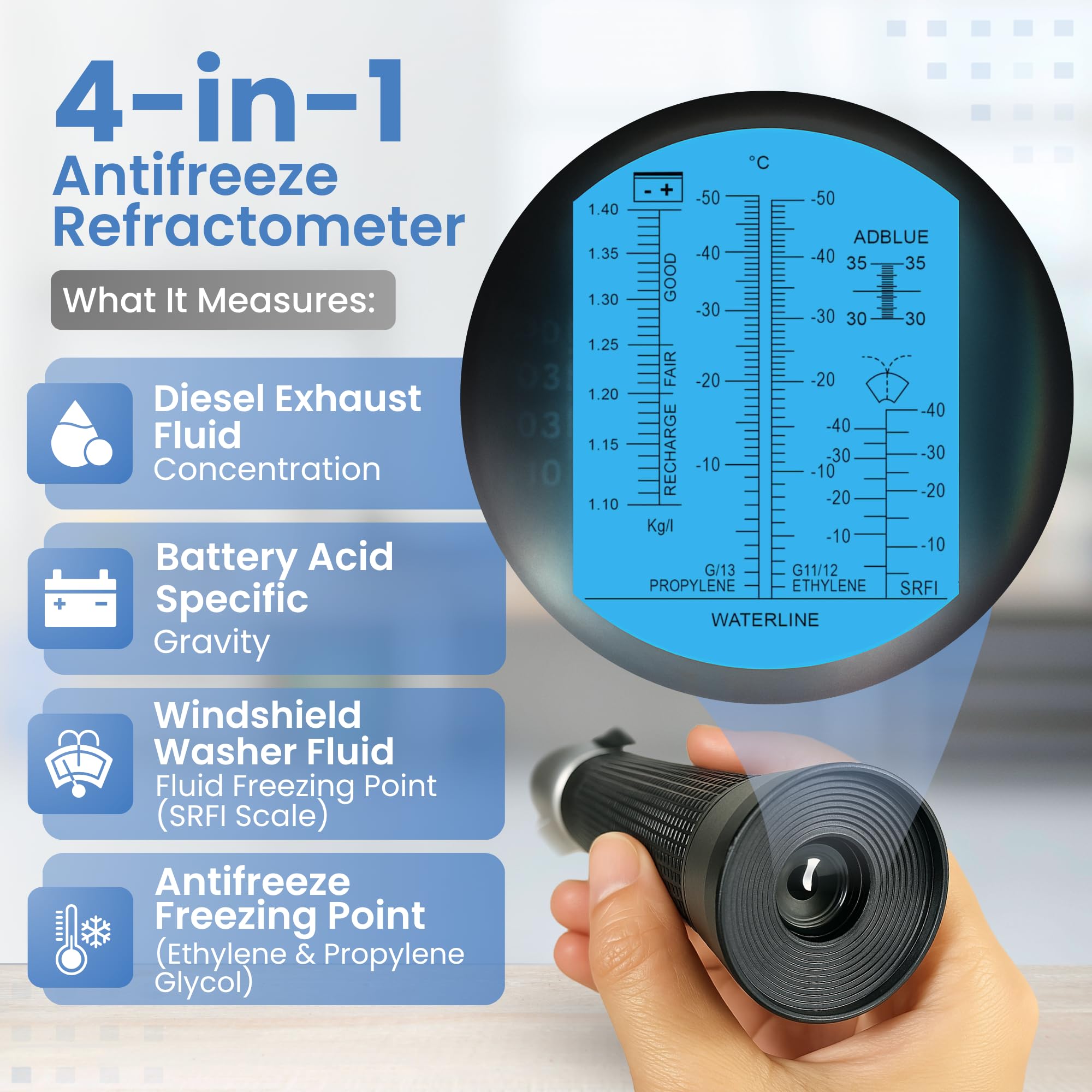 Refractómetro 4 en 1 para anticongelante de etileno y propilenglicol, DEF, ácido de batería y líquido para parabrisas, probador ATC preciso con escala °C para punto de congelación de refrigerante y