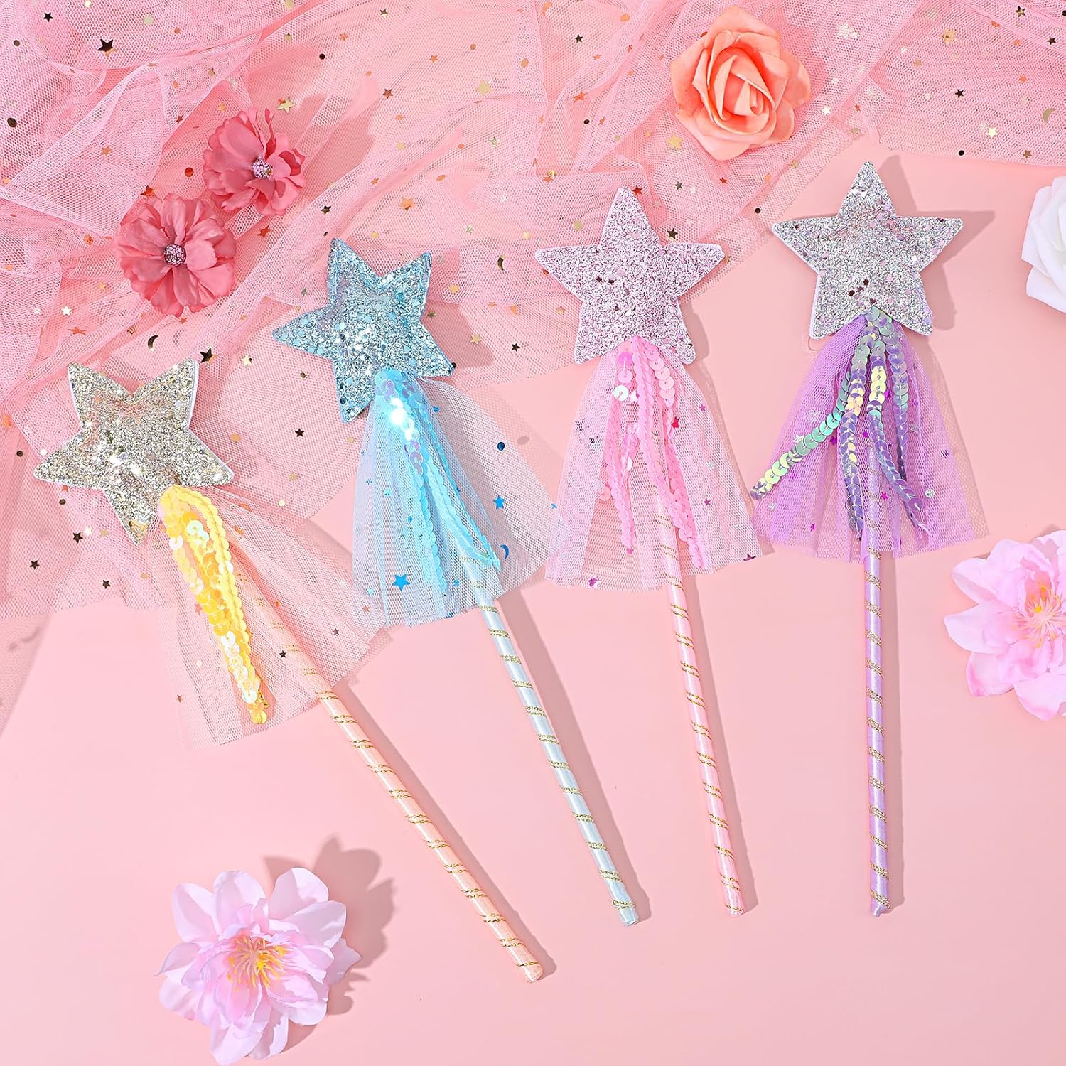 24 Pcs Glitter Star Magic Wand Princess Wand Fairy Angel Star Stick for Halloween Birthday Wedding Princess Dress up Role Play Party Supply Favor, Pink Purple Gold Blue