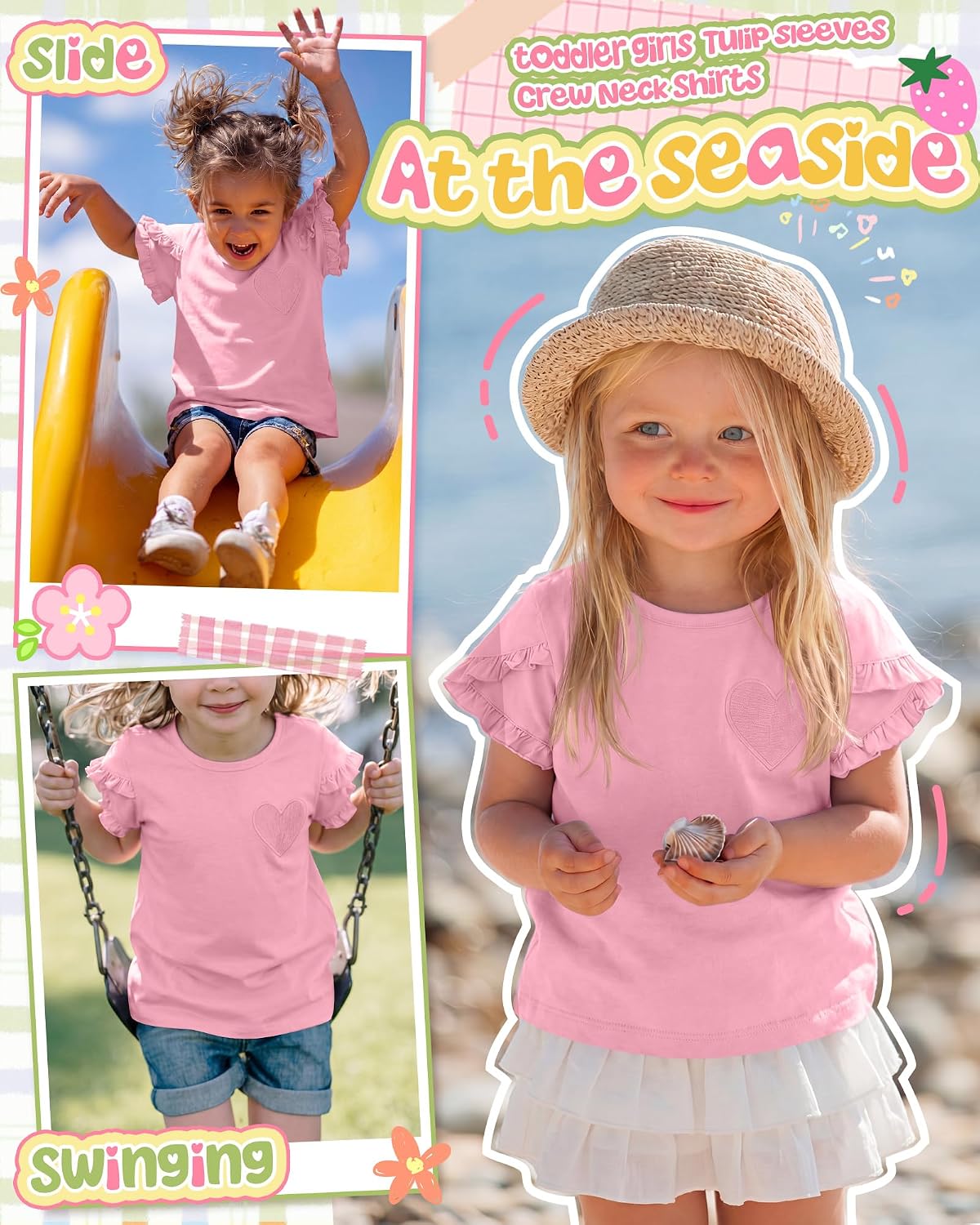 Toddler Girls' Ruffle Sleeve Shirts Summer Cotton Tees with Heart Pockets Cute Casual Clothes