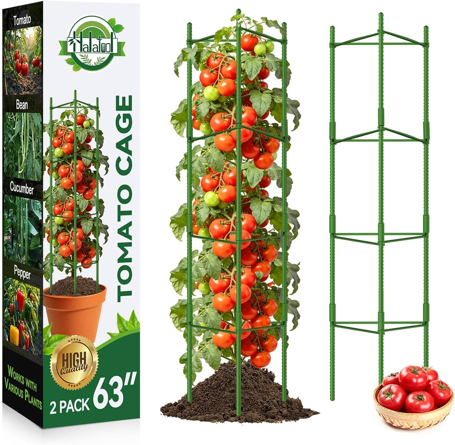 Halatool 2 Pack Tomato Cages for Garden, Up to 63 inch(5.2FT) Adjustable Tall Tomato Cage,Garden Stakes Tomato Trellis for Pots,Tomato Plant Support for Raised Garden Bed &Vegetables Flowers(Green)