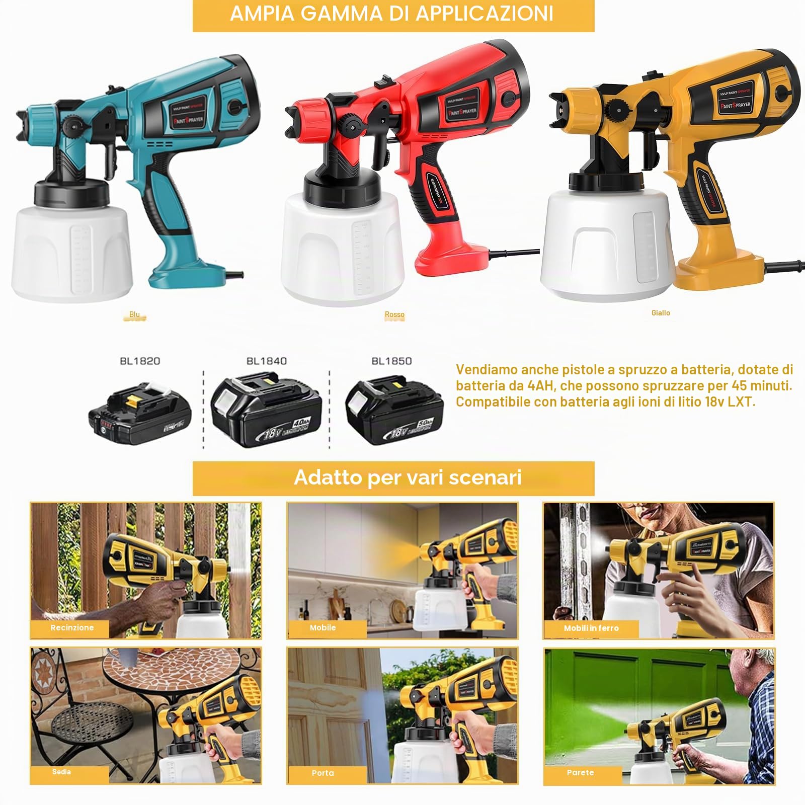TOPALL Pistola per Verniciare,Pistola a Spruzzo per Verniciare,850W 32000PRM 1400ML HVLP Elettrica Pistola Vernice a Spruzzo,con 5 Ugelli e 3 Modelli,Pistola Spruzzo per Vernice