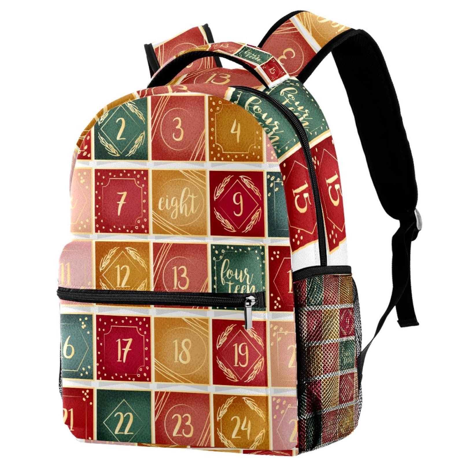 Sac à dos de voyage multicolore à grand compartiment et motif calendrier de Noël