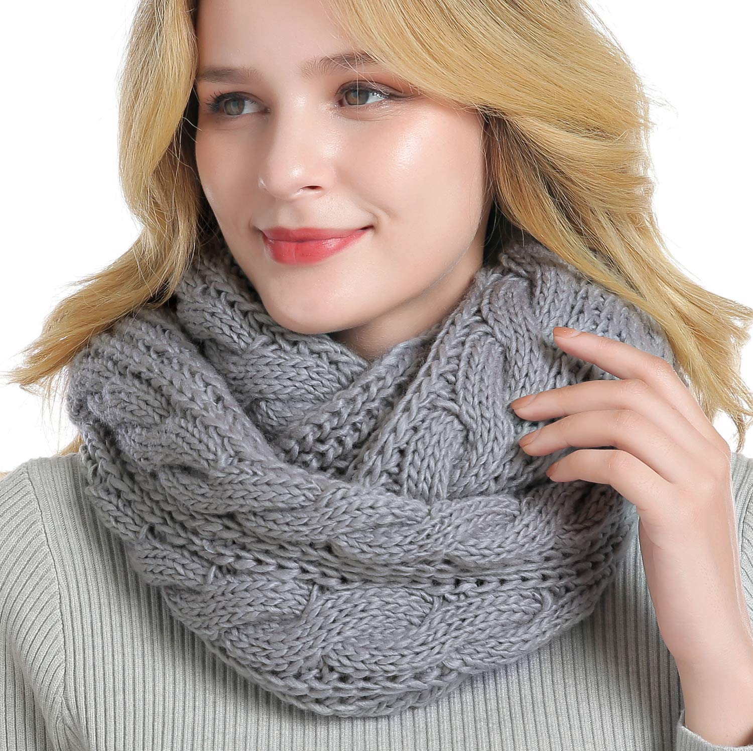 QUEENFUR Winter Women Thick Cable Knit Ribbed Infinity Circle Loop Scarf