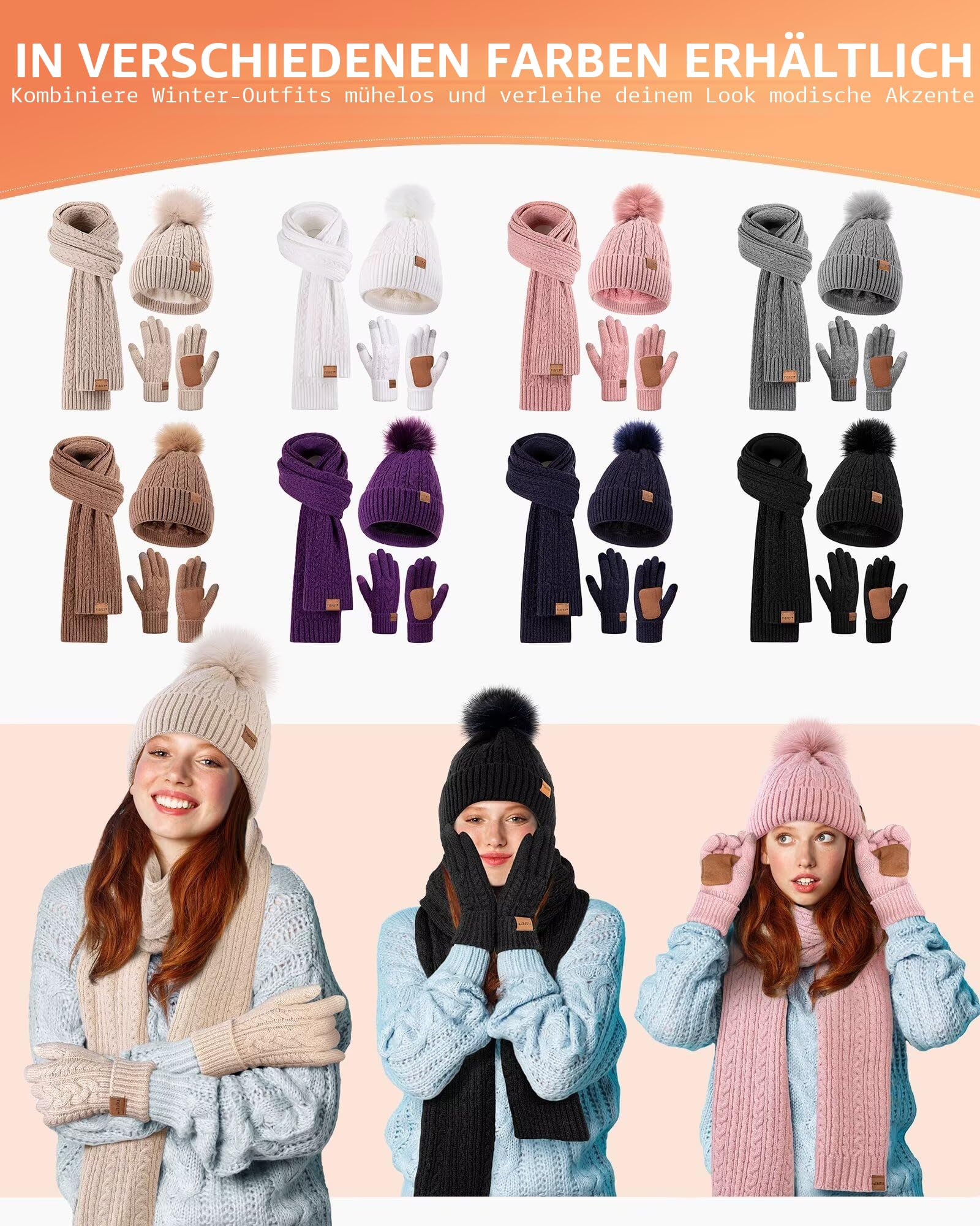 Wintermützen-Set für Damen, Beanie-Mütze, Schal und Handschuhe für Damen, Pom Pom Beanie, Fleece, Halswärmer, Handschuhe, Touchscreen, Geschenkset, 3-in-1