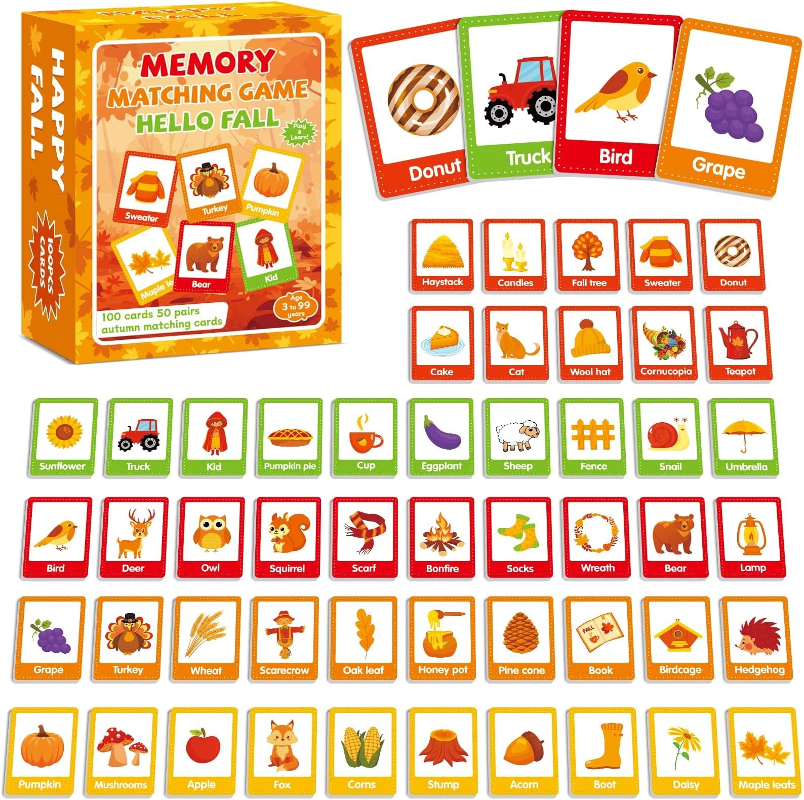 gisgfim 50 Pairs Memory Matching Game Happy Fall Concentration Memory Games for Kids Educational Ages 3-8 A Fun & Fast Autumn Theme Memory Matching Games Words Match Game