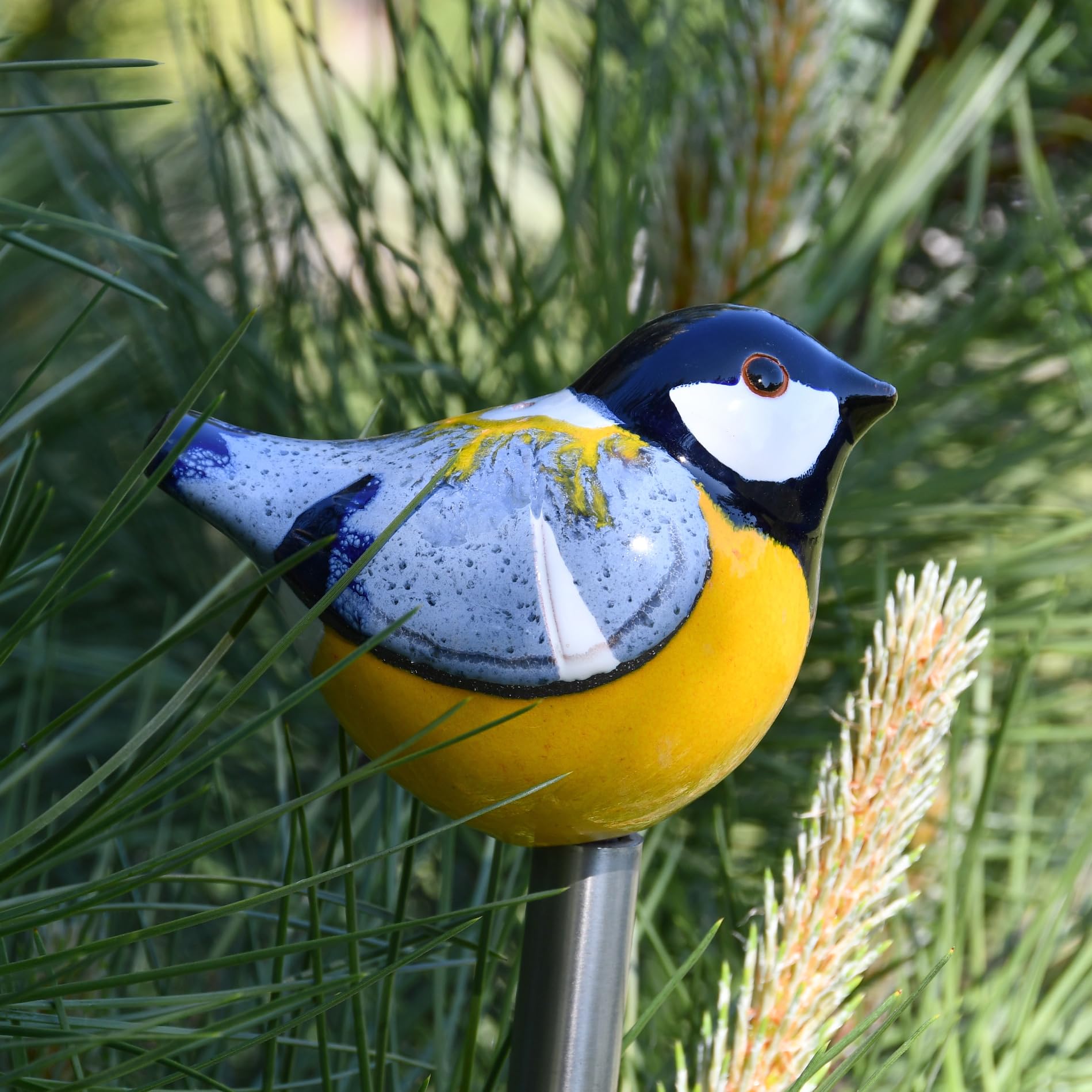 Gartenstecker Keramik Handgefertigt - Gartendeko für Draußen Wetterfest - Garten Deko Keramik - Vogel Gartenfiguren & Gartenstatuen - Blaumeise/Meise