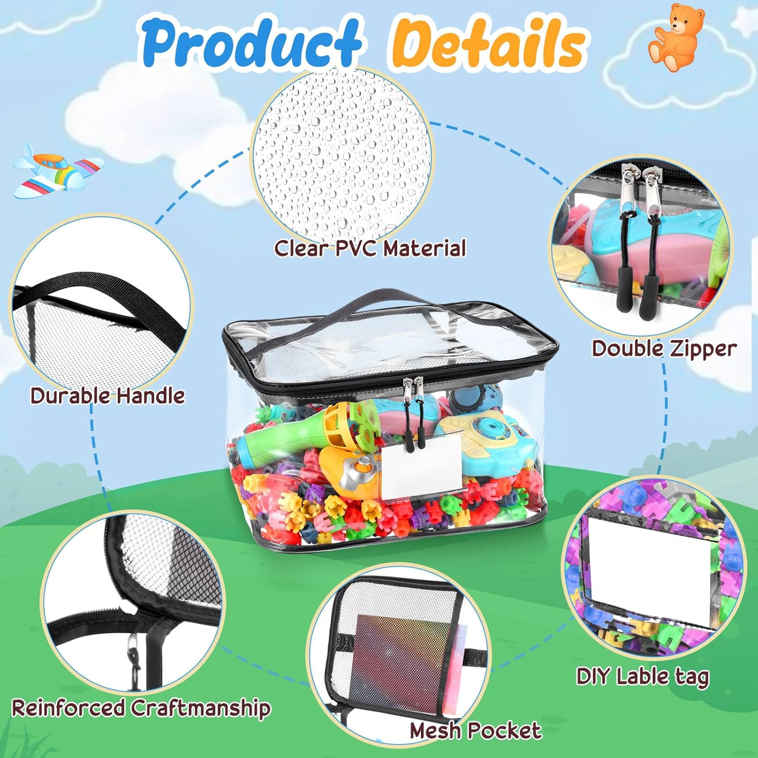 SATINIOR 12 Pack Extra Large Clear Toy Storage Bags Waterproof Transparent PVC Organizer for Bricks, Puzzles Board Games with Zipper Label Manual Pocket Room Organization Black 13.2 x 9.3 x 7.6 Inch