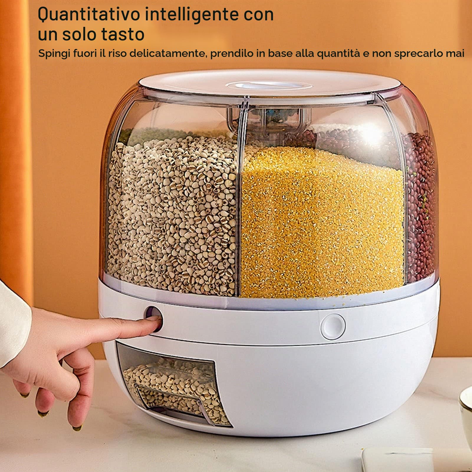 Dispenser per riso e cereali rotante 360° con 6 griglie, contenitore impilabile a strato singolo per alimenti secchi