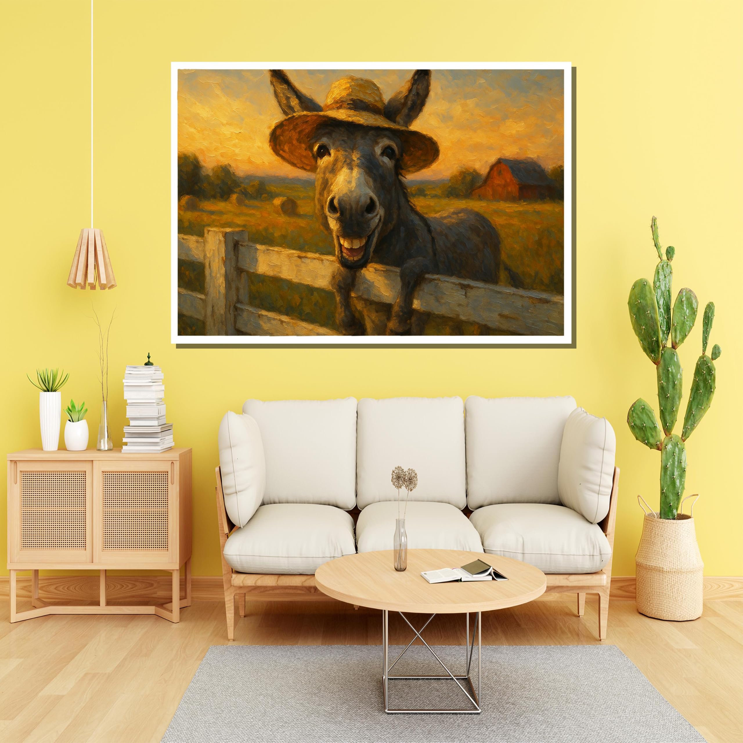 XINBAO Śliczny osioł z kapeluszem, obraz na płótnie w stylu rustykalnym do salonu lub kuchni (21 x 30 cm/wewnętrzna rama)