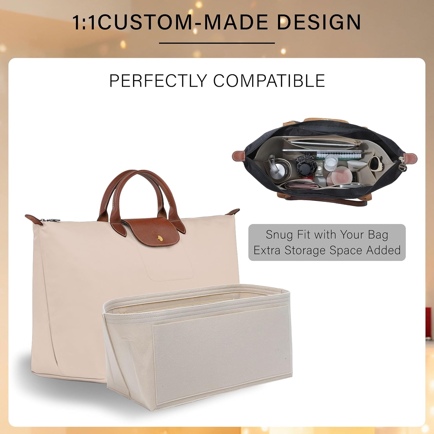 Purse Organizer Insert for Longchamp Le Pliage L Travel Tote Bag, Felt Lightweight Large Travel Tote Divider Shaper with Cup Holder,Zipper Bags Inner Linner with 9 Deepened Pockets,L/Beige