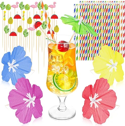 160 piezas de paraguas de cóctel para bebidas, palitos de frutas de hibisco, pajitas de colores, sombrilla de cóctel para Luau hawaiano tropical