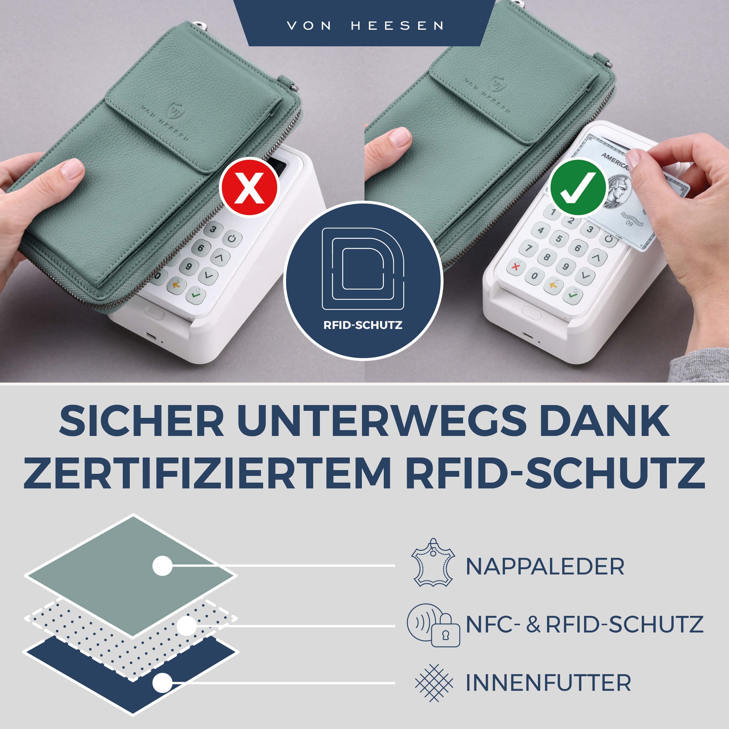 VON HEESEN Leder Handy-Geldbörse mit RFID-Schutz - Handytasche mit Portemonnaie für Damen & Herren aus echtem Leder - Wallet mit Münzfach - Geldbeutel für Frauen und Männer in Türkis (Silver Pine)