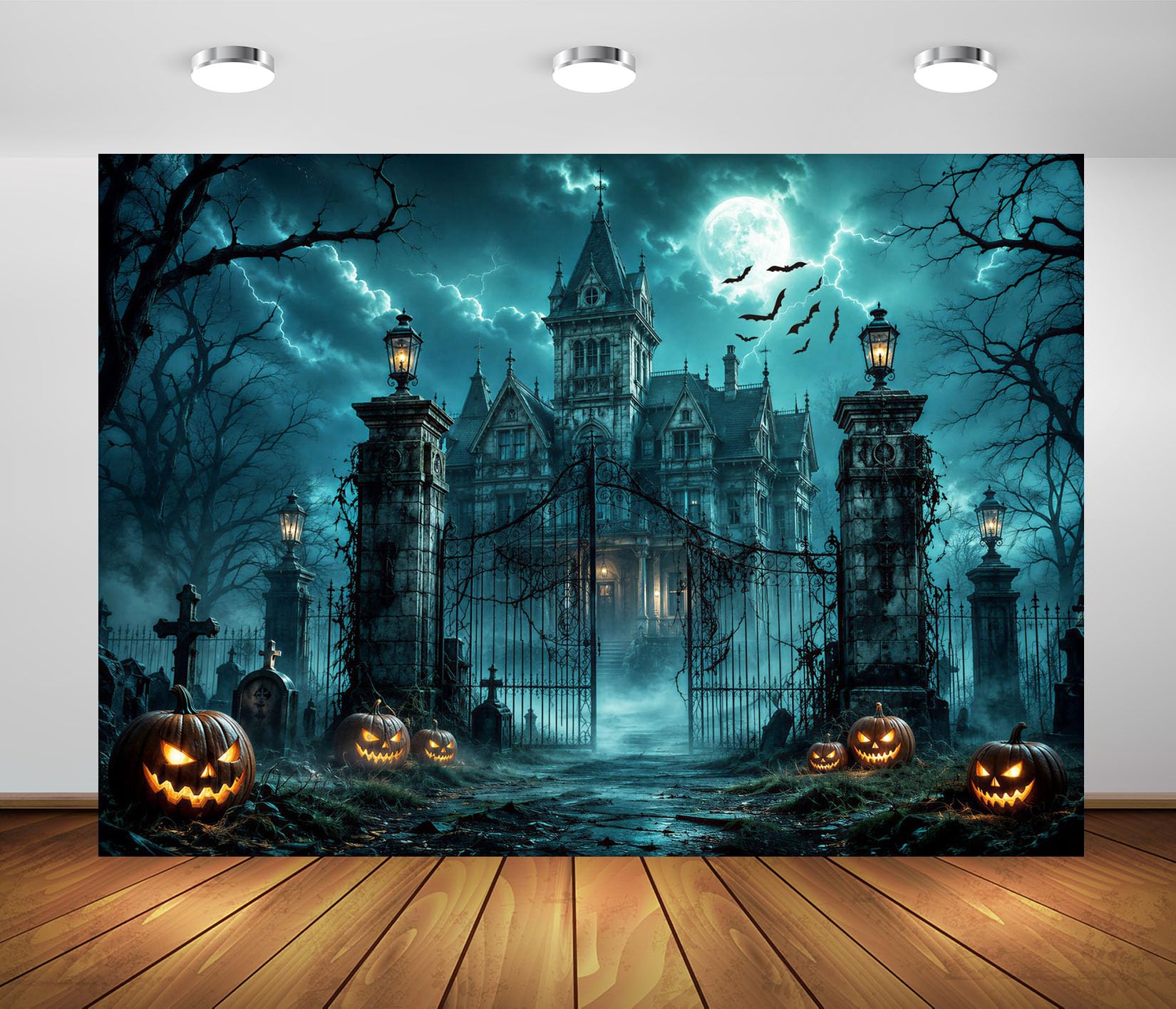 BELECO 3.6x3m Tessuto Sfondo Villa Gotica Infestata Cimitero | Casa Infestata Halloween Zucca Lapide Luna Piena Pipistrello Temporale Sfondo Festa Orrore Telo Di Sfondo