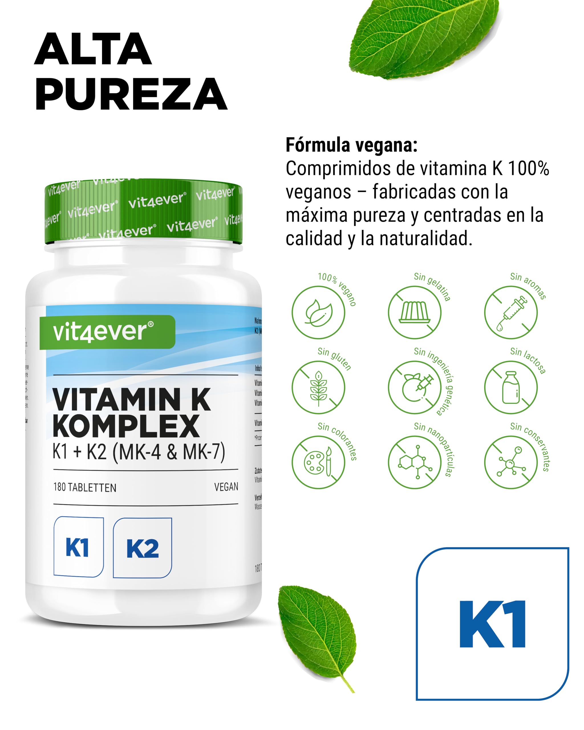 vit4ever Complex de Vitamina K - 180 Comprimidos - Alta Dosificación con 1000 µg de Vitamina K1 + K2 Menaquinona (1000 µg MK4 + 200 µg MK7) - Sin Aditivos innecesarios - Vegano