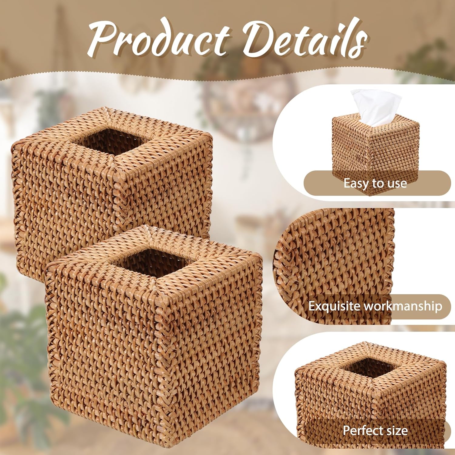 SHENLIU 2 Pcs Rattan Tissue Box Cover Natural Woven Facial Napkin Holder Square 5.7 x 5.7 x 5.7Inch Handmade Wicker Napkin Box Holder, Rustic Decorative on Table and Bathroom, Office, Boho Decorative