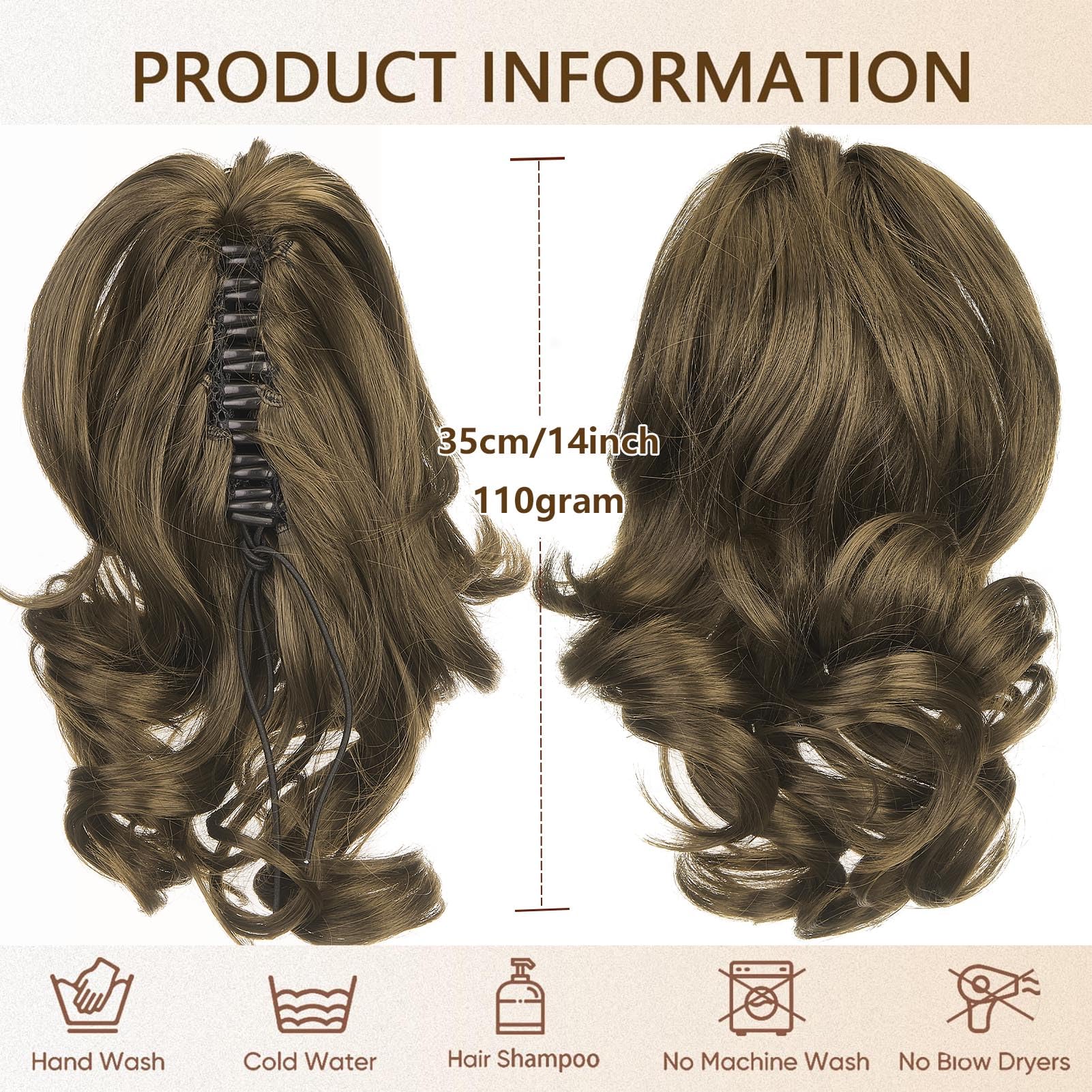 Cybelleza 14 inch Ponytail Hair Extension Curly Wavy Claw Jaw on Long Short Cute Pony Tails Clip in Hair Extensions Ponytail Hairpieces Synthetic for Women Golden Brown - Image 4