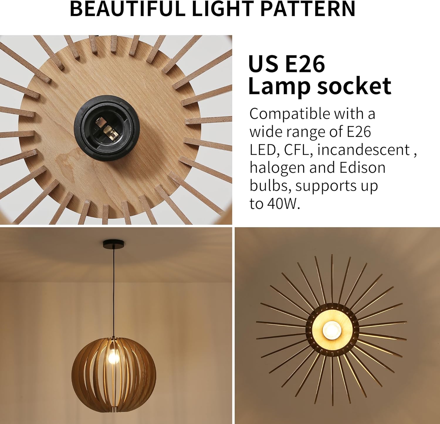 Vintage Wood Pendant Light Fixtures, Modern Farmhouse Walnut Dining Room Chandelier, Mid-Century Ceiling Mount Hanging Light Fixture for Kitchen, Bedroom, Living Room, Foyer, Art Decor, Black