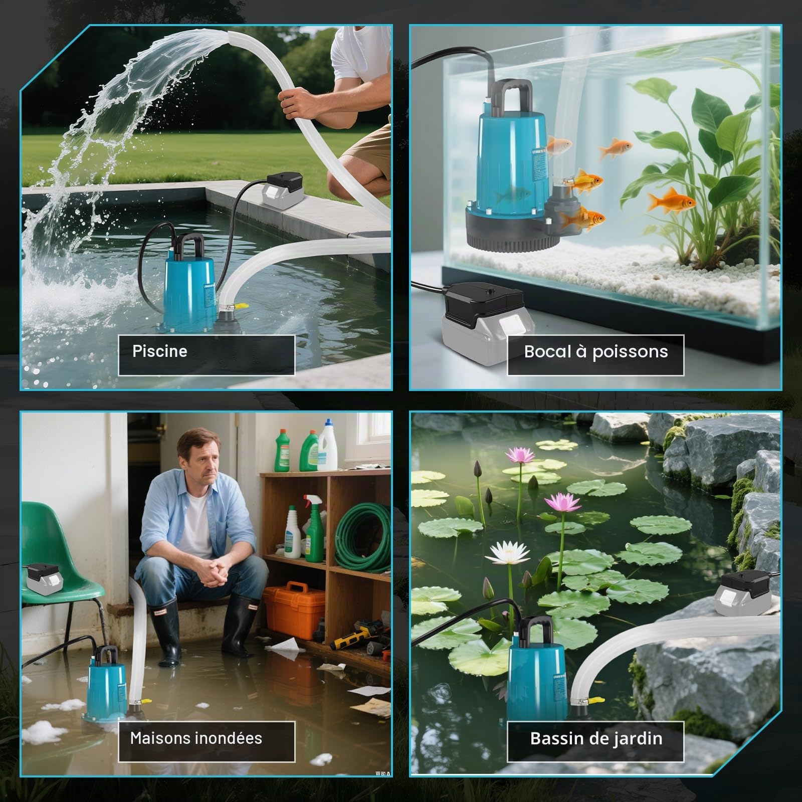 Pompe submersible sans fil compatible avec batterie Makita 18 V (sans batterie), débit de 2800 l/h, hauteur de refoulement 12 m, câble de raccordement de 5 m, tuyau d'écoulement de 10 m, pour piscine