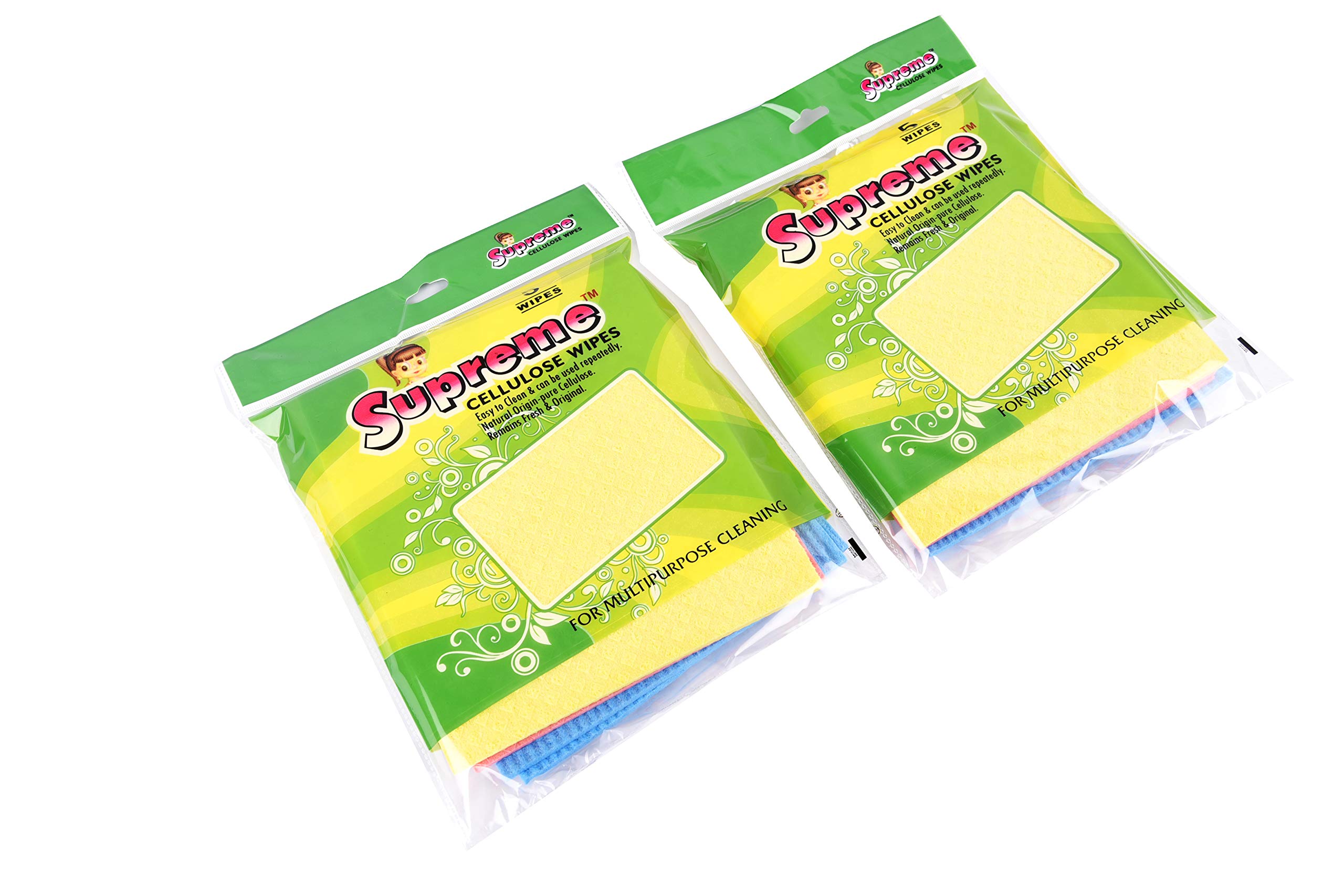 Supreme Wonder Wipes - Multipurpose, Biodegradable, Reusable Cellulose Cleaning Wipes (Pack of 2) 5 Wipes Per Pack - Total 10 Wipes