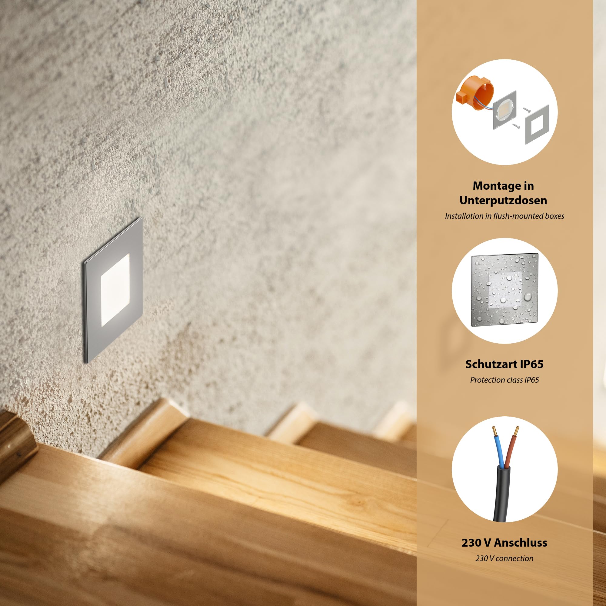 ledscom.de Lámpara LED para escaleras/plafón empotrable FEX para interiores y exteriores, angular, acero inoxidable, 85 x 85 mm, blanco cálido