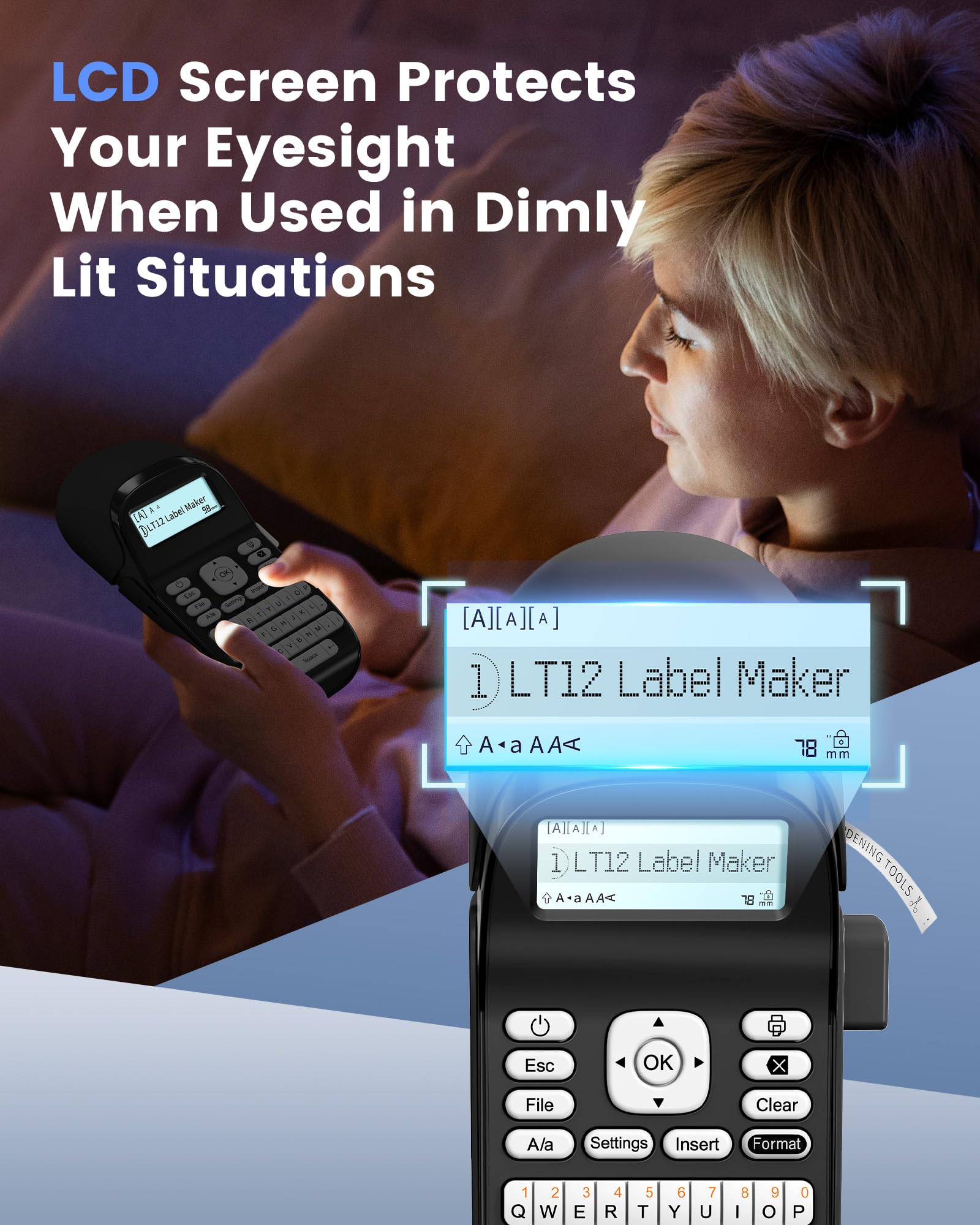 Phomemo LT12 Etichettatrice, Bluetooth Stampante per Etichettatrice Etichette Adesive, Etichettatrici portatile con tastiera QWERTZ Per Casa, L'ufficio,Stampa su Etichette Serie da 3.5 a 12 mm