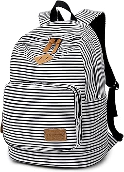blue and white striped backpack