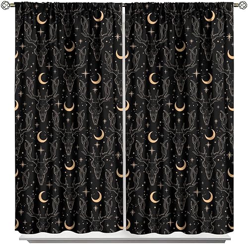 Vista 428 de Cortinas de cabeza de cabra, misteriosa cabeza de cabra malvada, calavera negra, bolsillo para barra, cortinas opacas para ventana, juego de 2