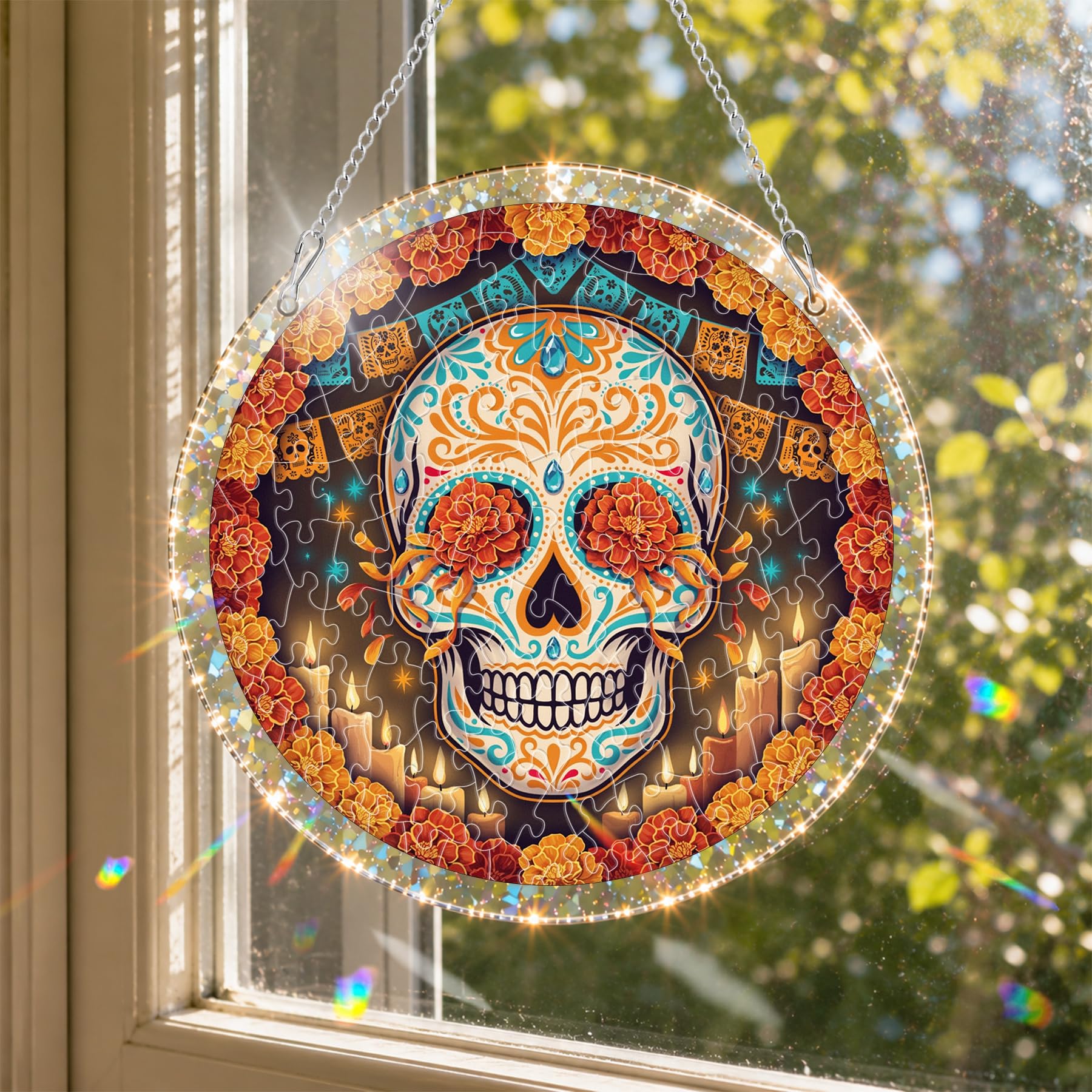 Reofrey Acrylic Puzzle Suncatcher for Adults, 83 Piece Halloween Skull Window Hanging, Stained Glass DIY Jigsaw Puzzle, Double-Sided Acrylic Decor, for Mom, Home Garden Decoration, 18x18cm