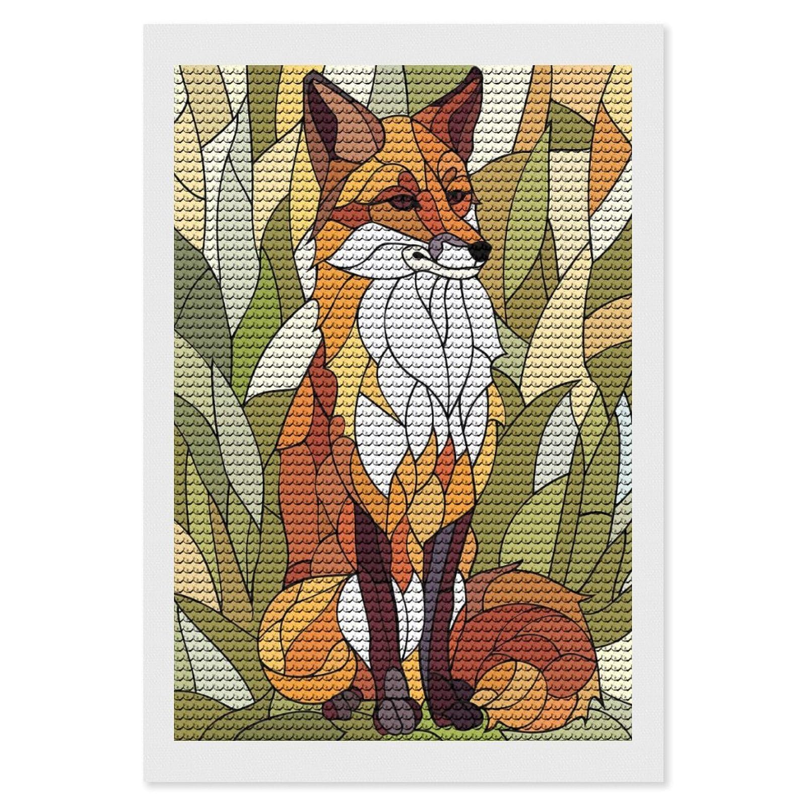 Junmoney Stained Glass Fox in Nature Diamond Painting Canvas Set 8"x12", for Women, Mindful Craft Activity, Cosy Home Accent, Festive Craft Gift
