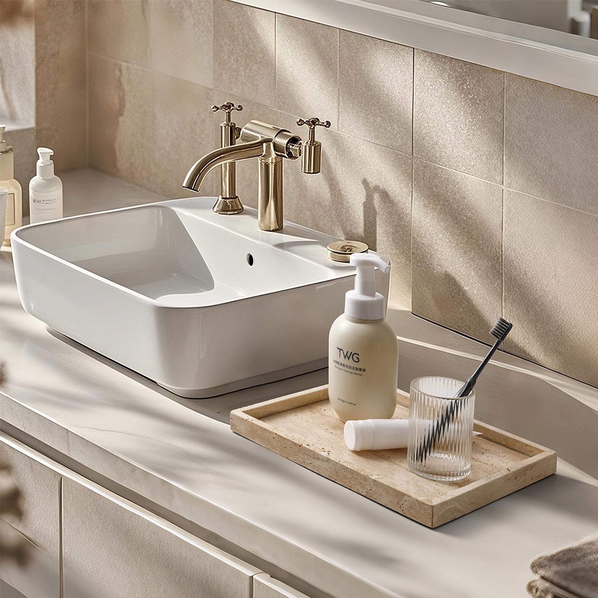 Plateau rectangulaire en travertin pour salle de bain, décoration pour parfum, bougie cosmétique, salle à manger, plateau rectangulaire pour table basse de cuisine, décoration beige WH021